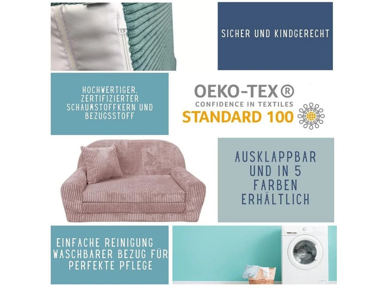 FORTISLINE Kindersofa Mini-Sofa Rosalia Cord Grün Zusammenklappbar - Bild 5