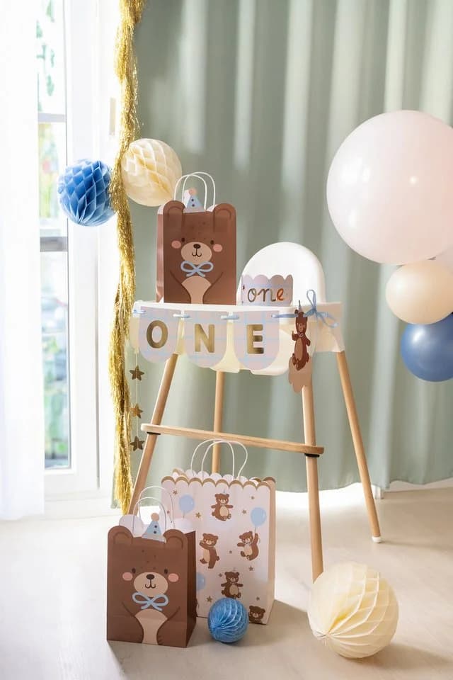 partydeco Geschenktüte Bär mit Henkel Beige/Braun/Blau