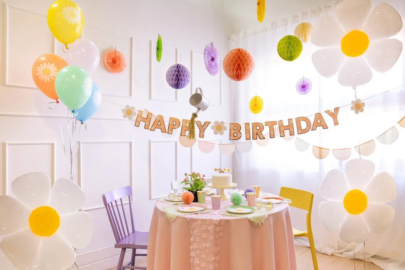 partydeco Happy Birthday Girlande Rosa Gold Gänseblümchen Banner