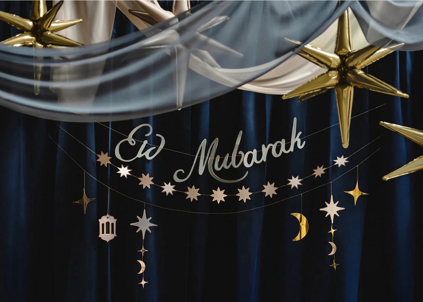 partydeco Eid Mubarak Girlande 200cm Papier Dekobanner mit Schriftzug
