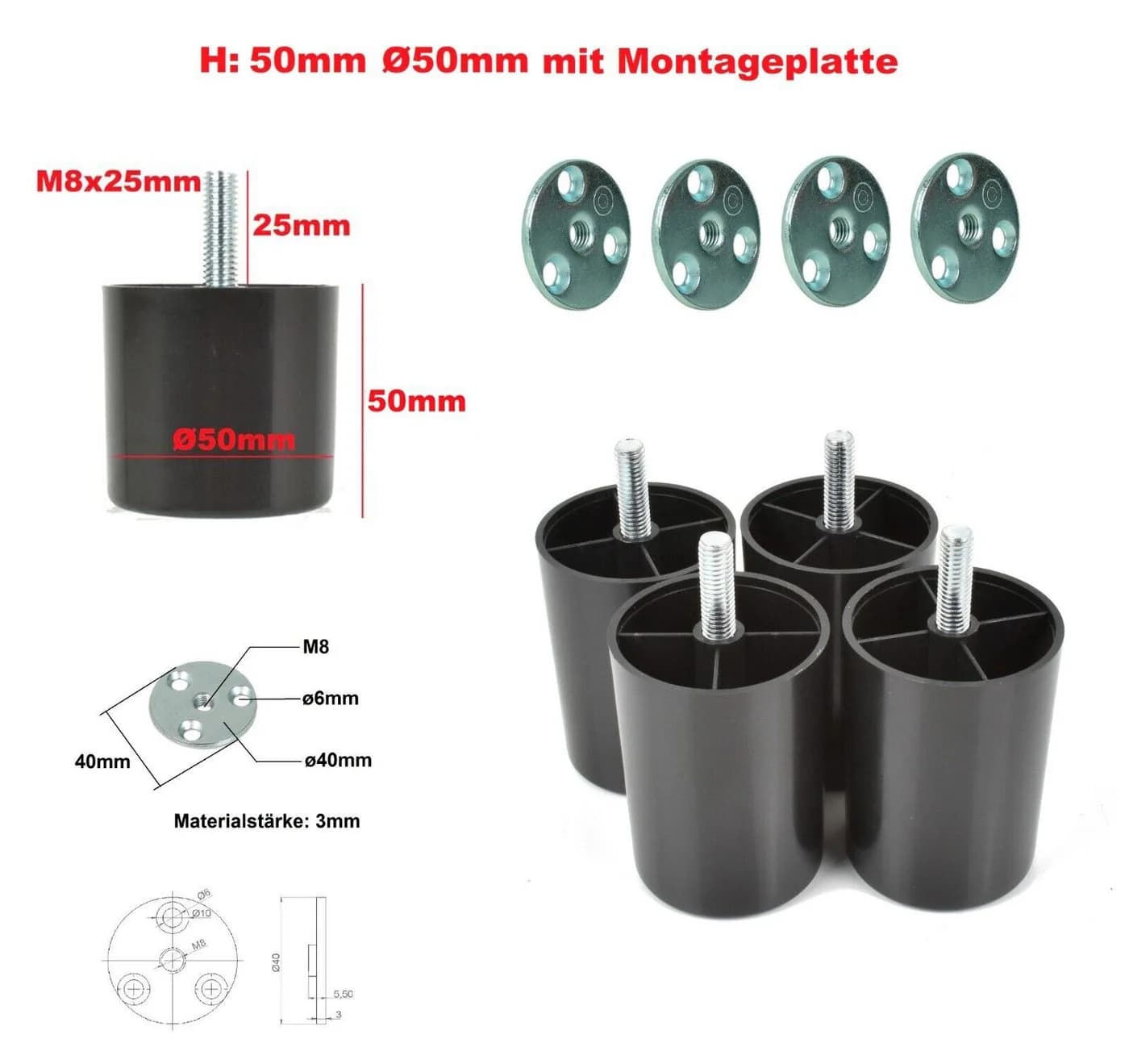 Prima-Online Möbelfüße 4x Schwarz Kunststoff mit Montageplatte