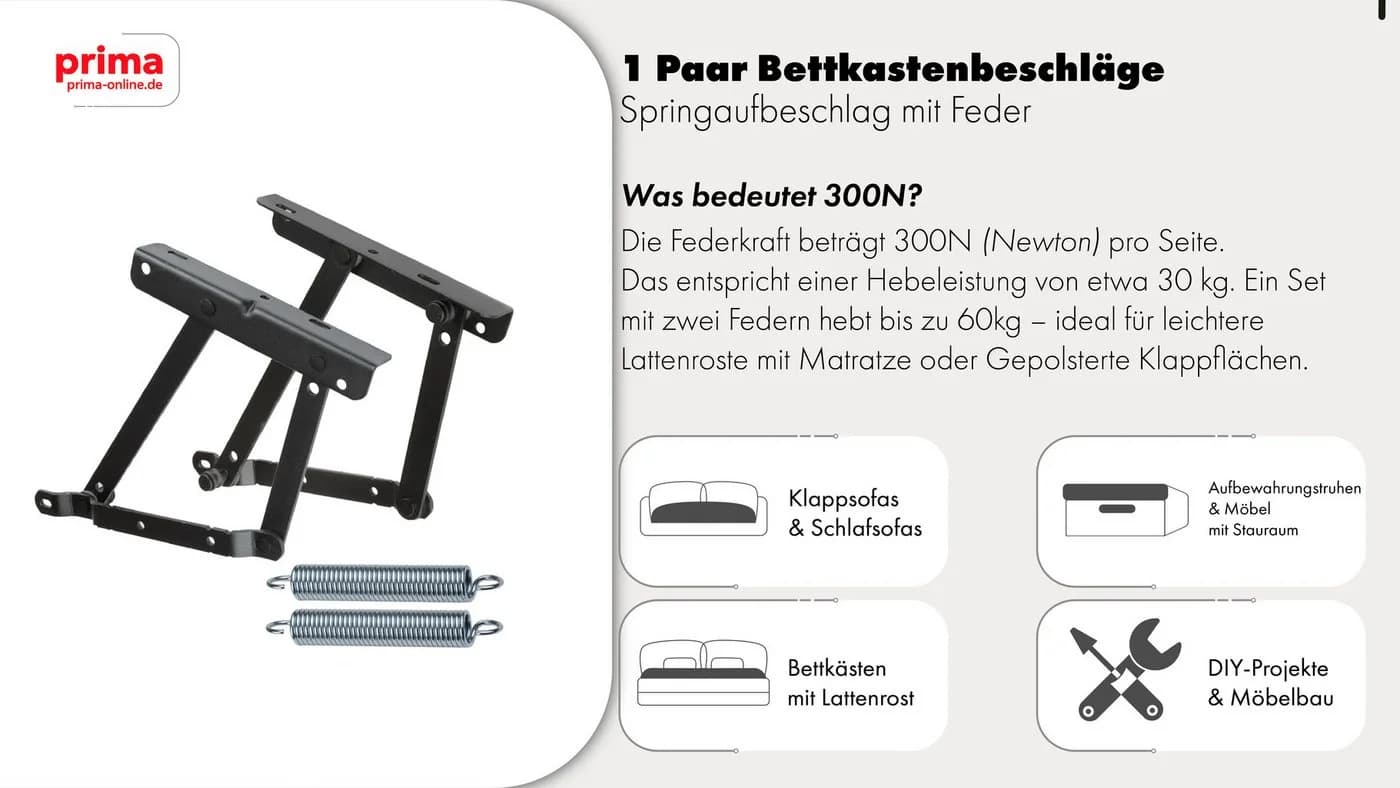 Prima-Online Bettkastenbeschlag Set mit Feder 300N Schwarz - Bild 5