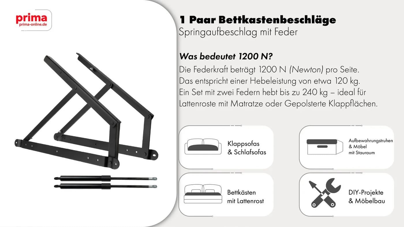 Prima-Online Bett Hebebeschlag Klappmechanismus für Bettkasten 1200N Gasdruckfeder - Bild 5