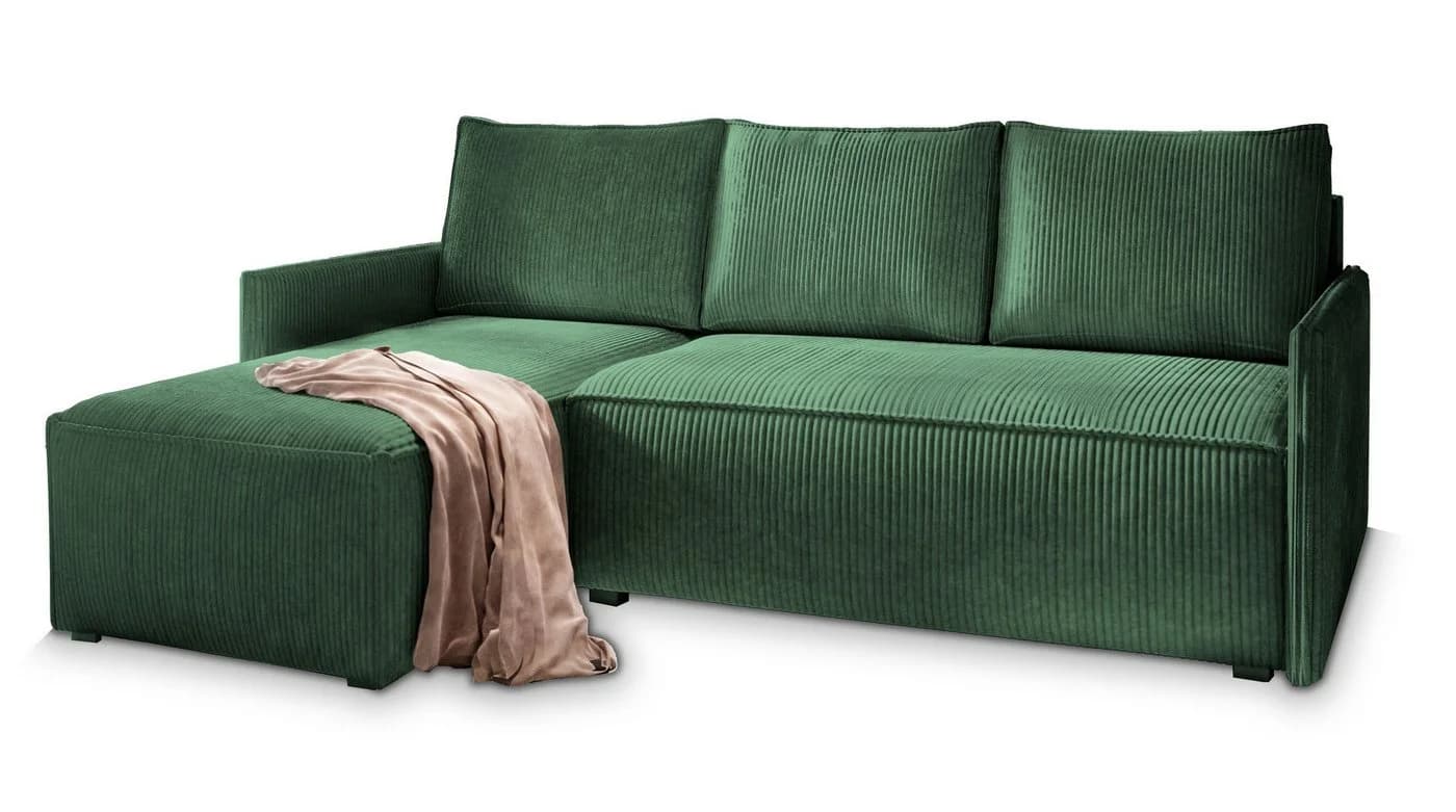 Masseno Ecksofa PERUSI mit Schlaffunktion und Bettkasten L-Form Grün
