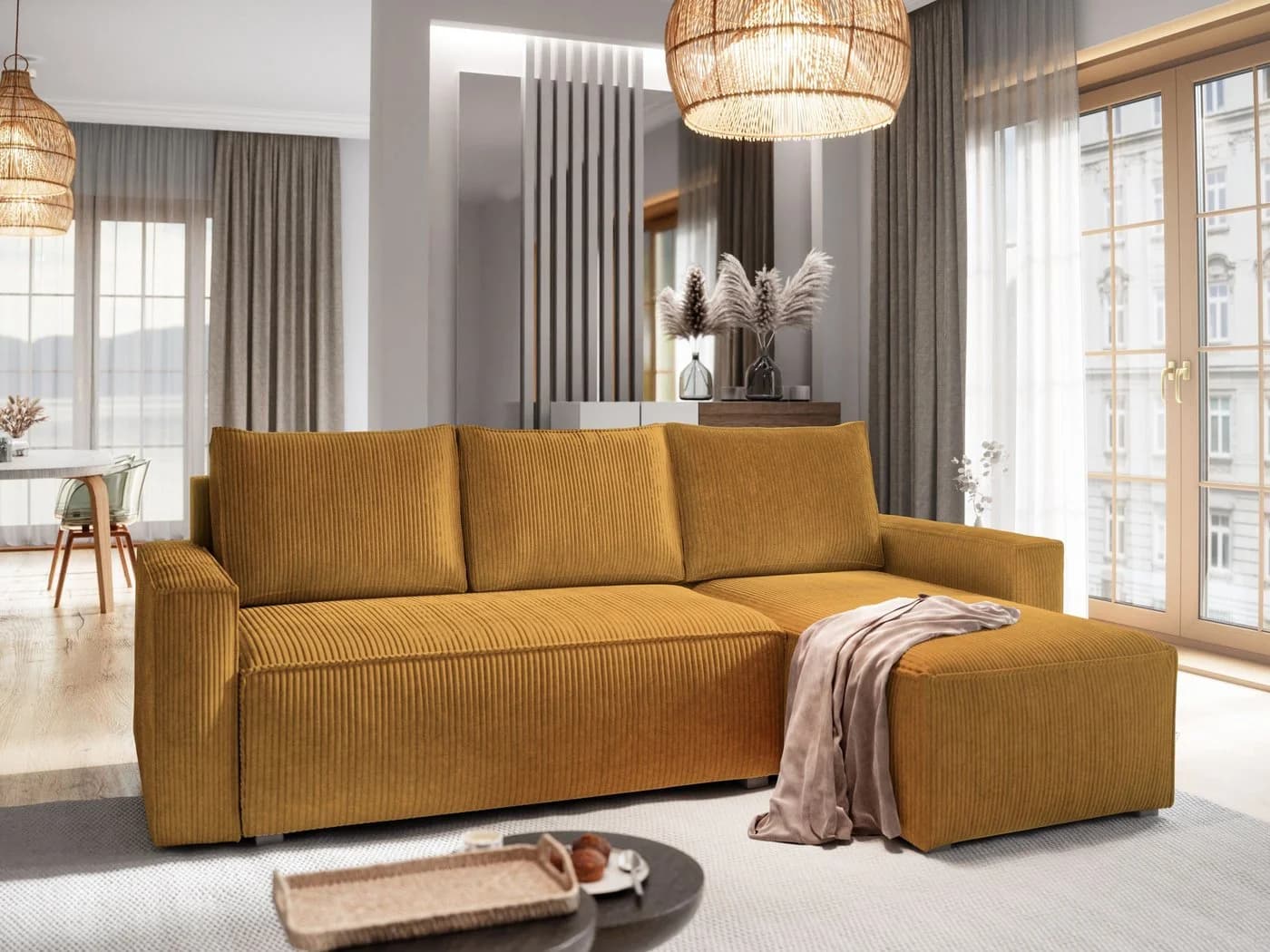 Masseno Ecksofa POTARO L-Form mit Schlaffunktion und Bettkasten Gelb - Bild 2