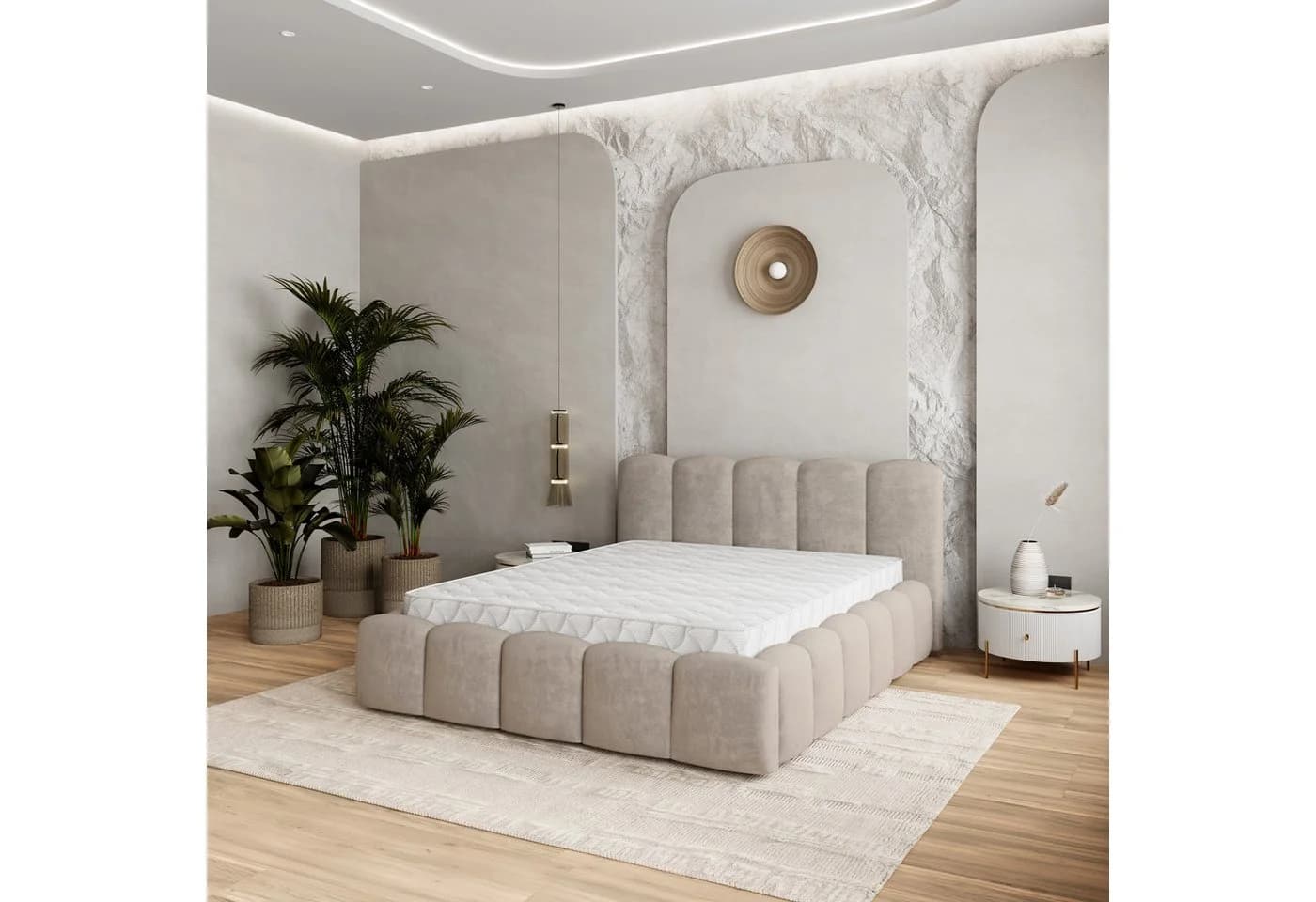 Masseno Boxbett FALINA Beige mit Bettkasten und gepolstertem Kopfteil