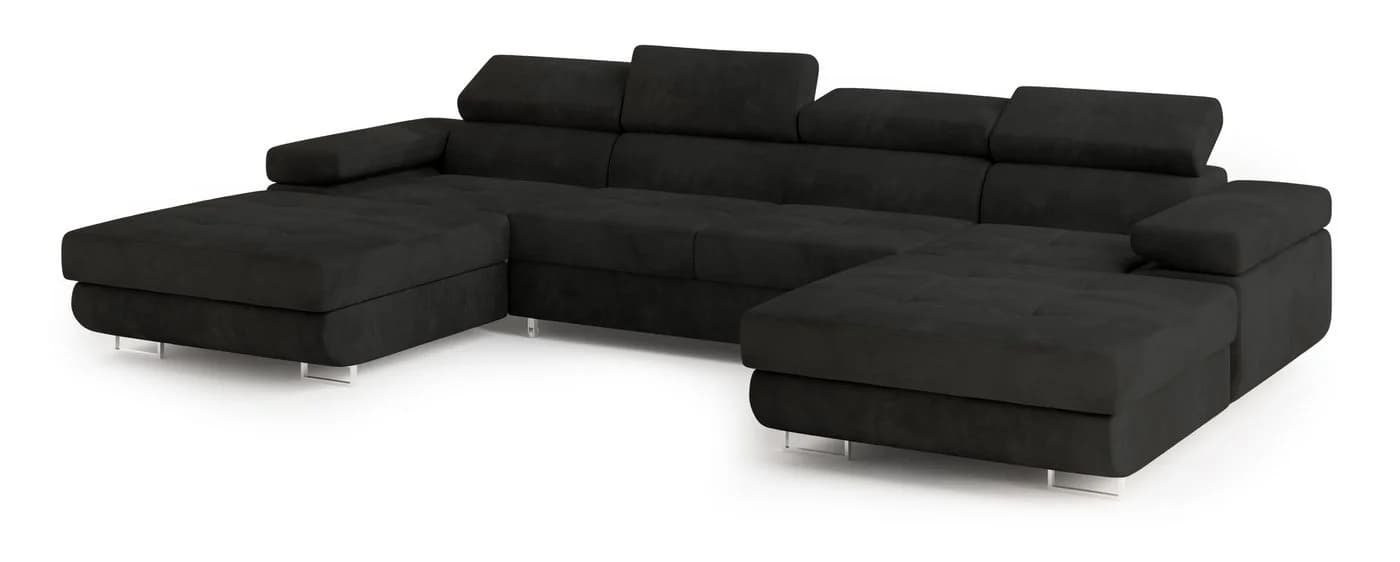 Masseno Ecksofa LYKKE U-Form Schwarz mit Schlaffunktion und Bettkasten