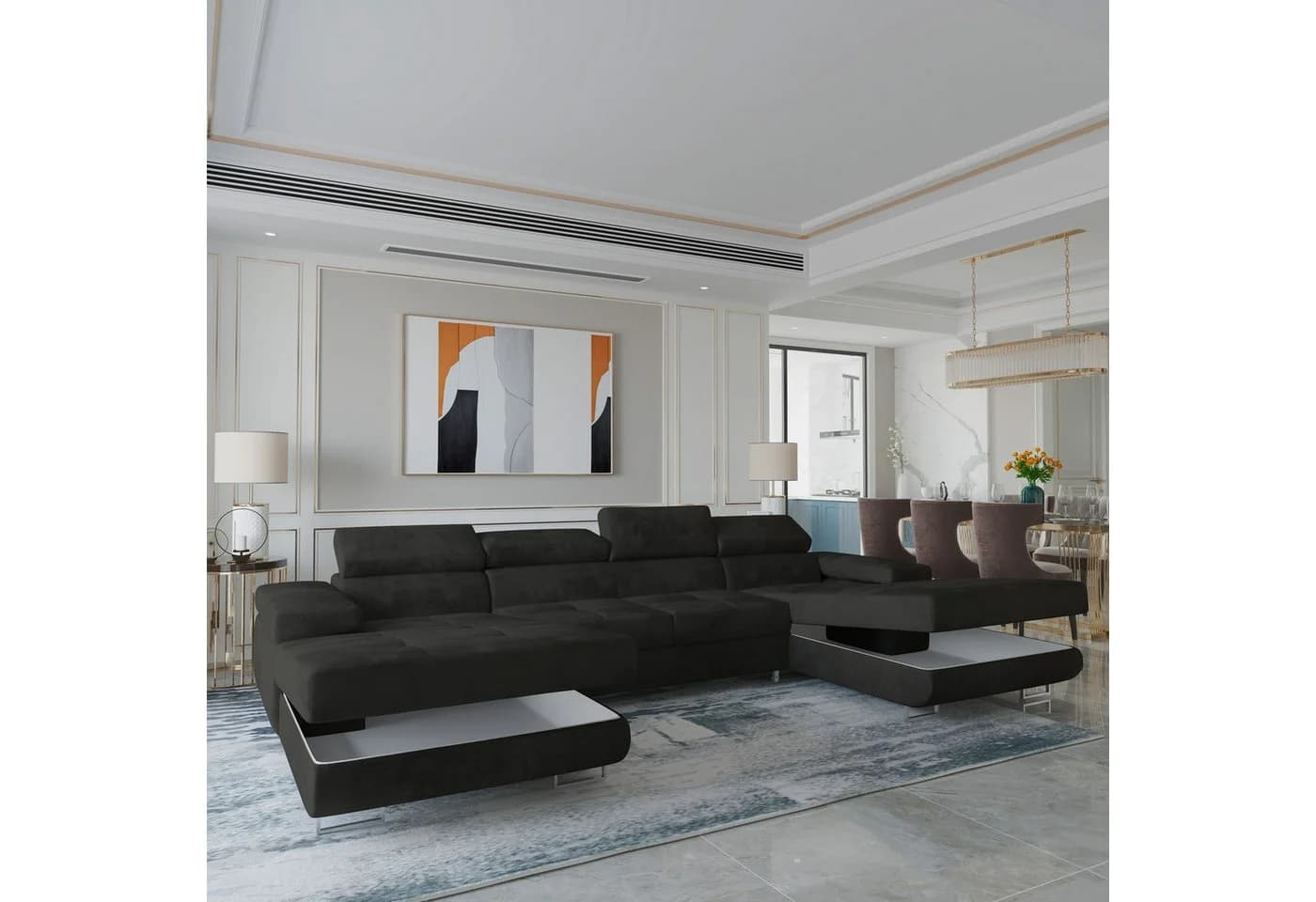 Masseno Ecksofa LYKKE U-Form Schwarz mit Schlaffunktion und Bettkasten - Bild 3