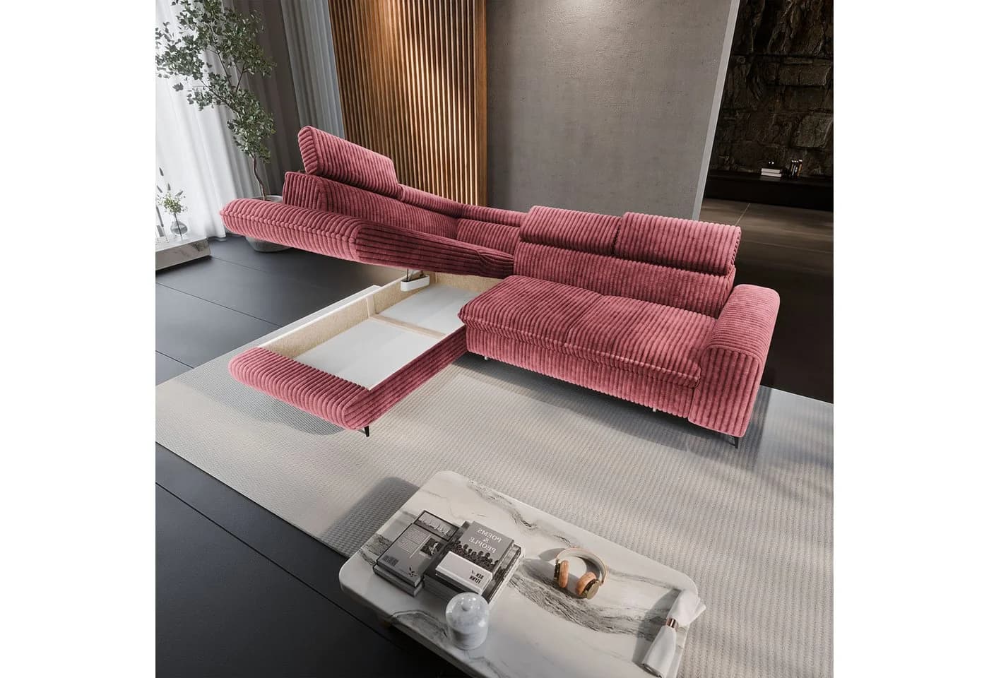 Masseno Ecksofa VELISS Rosa mit Schlaffunktion und Bettkasten - Bild 3