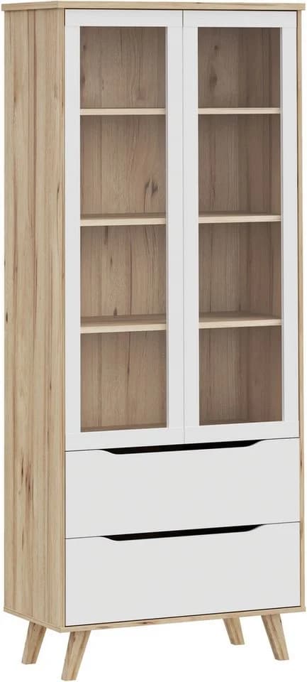 FORTE Vankka Stauraumvitrine Weiß Eiche 2 Glastüren 2 Schubkästen - Bild 2