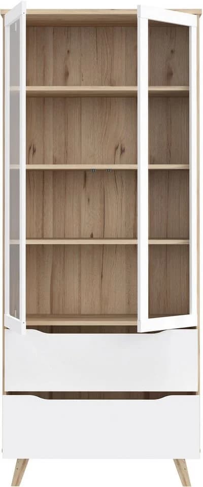 FORTE Vankka Stauraumvitrine Weiß Eiche 2 Glastüren 2 Schubkästen - Bild 3