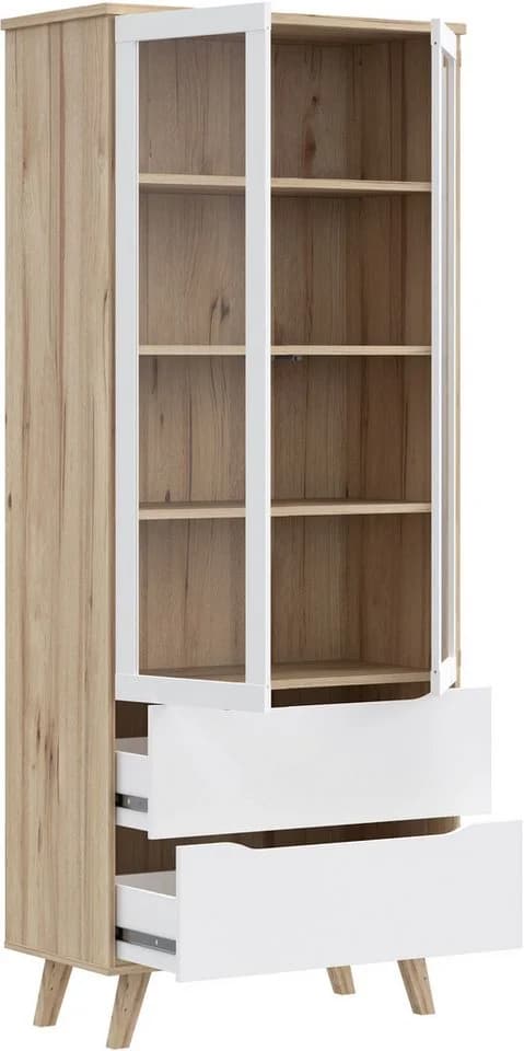 FORTE Vankka Stauraumvitrine Weiß Eiche 2 Glastüren 2 Schubkästen - Bild 4