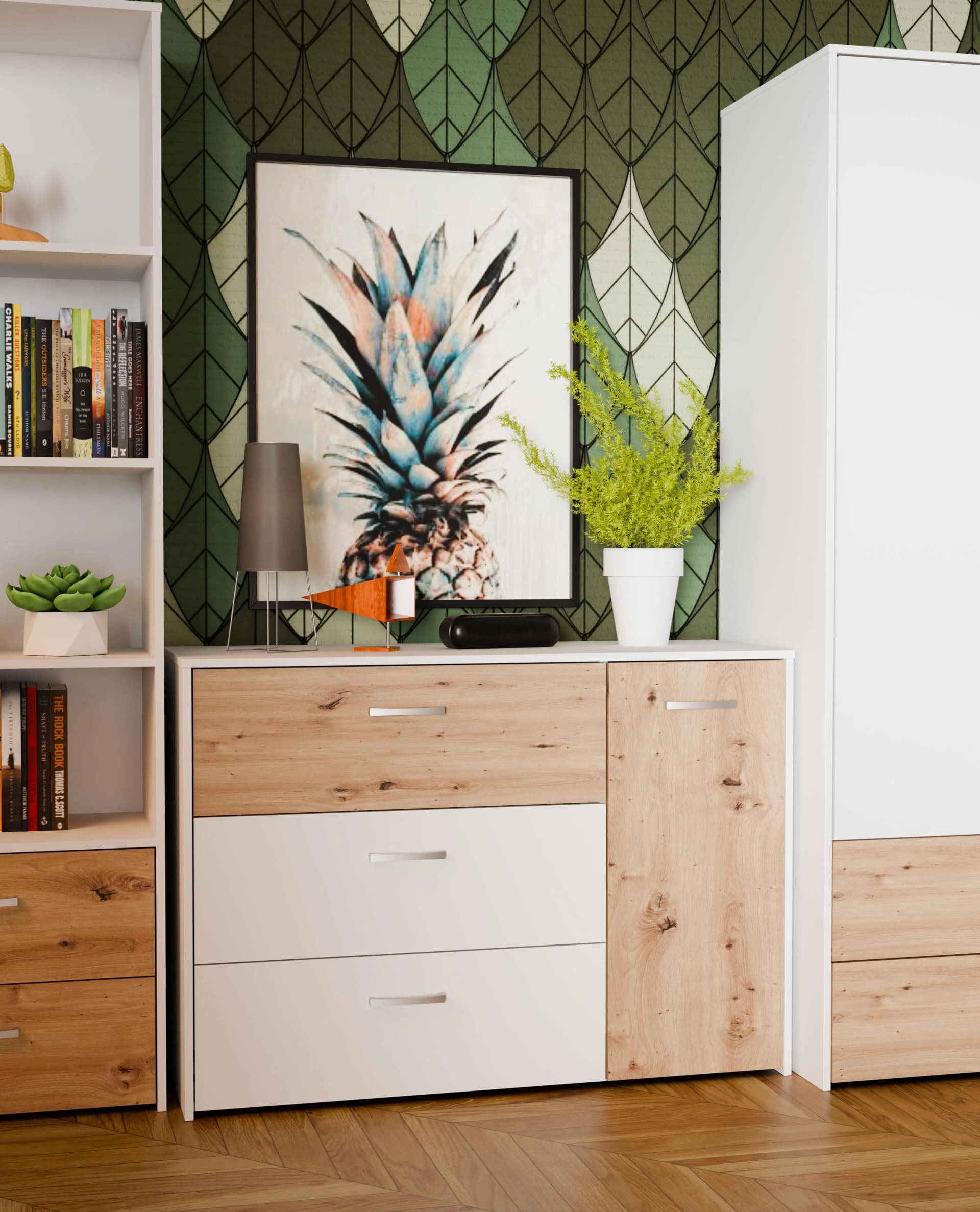 Sideboard FORTE Culgoa Weiss Artisan Eiche 3 Schubkästen