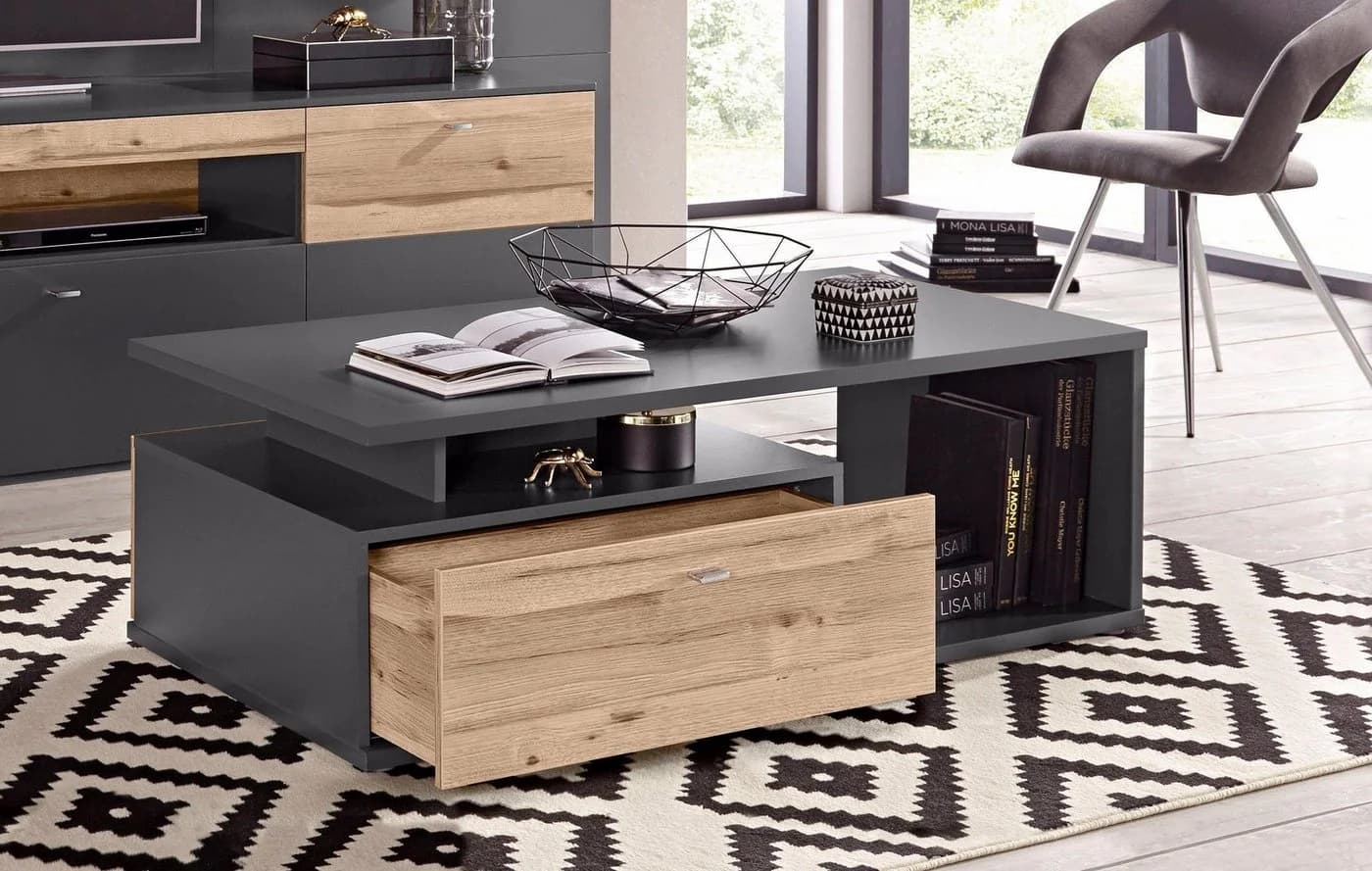 Couchtisch FORTE Como Grau Eichefarben mit Schubladen