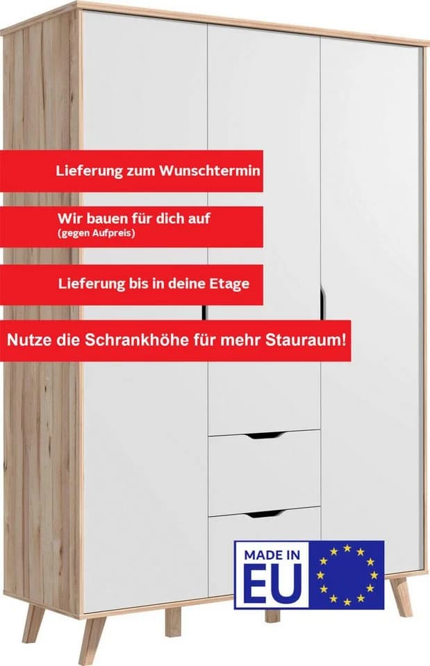 FORTE Kleiderschrank Vankka Weiß Braun Skandinavisch Grifflos - Bild 3