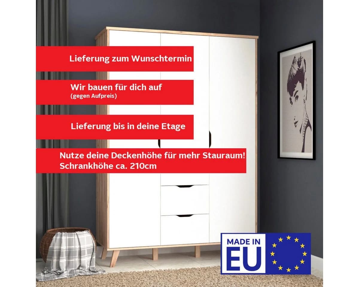 FORTE Kleiderschrank Vankka Weiß Braun Skandinavisch Grifflos - Bild 4