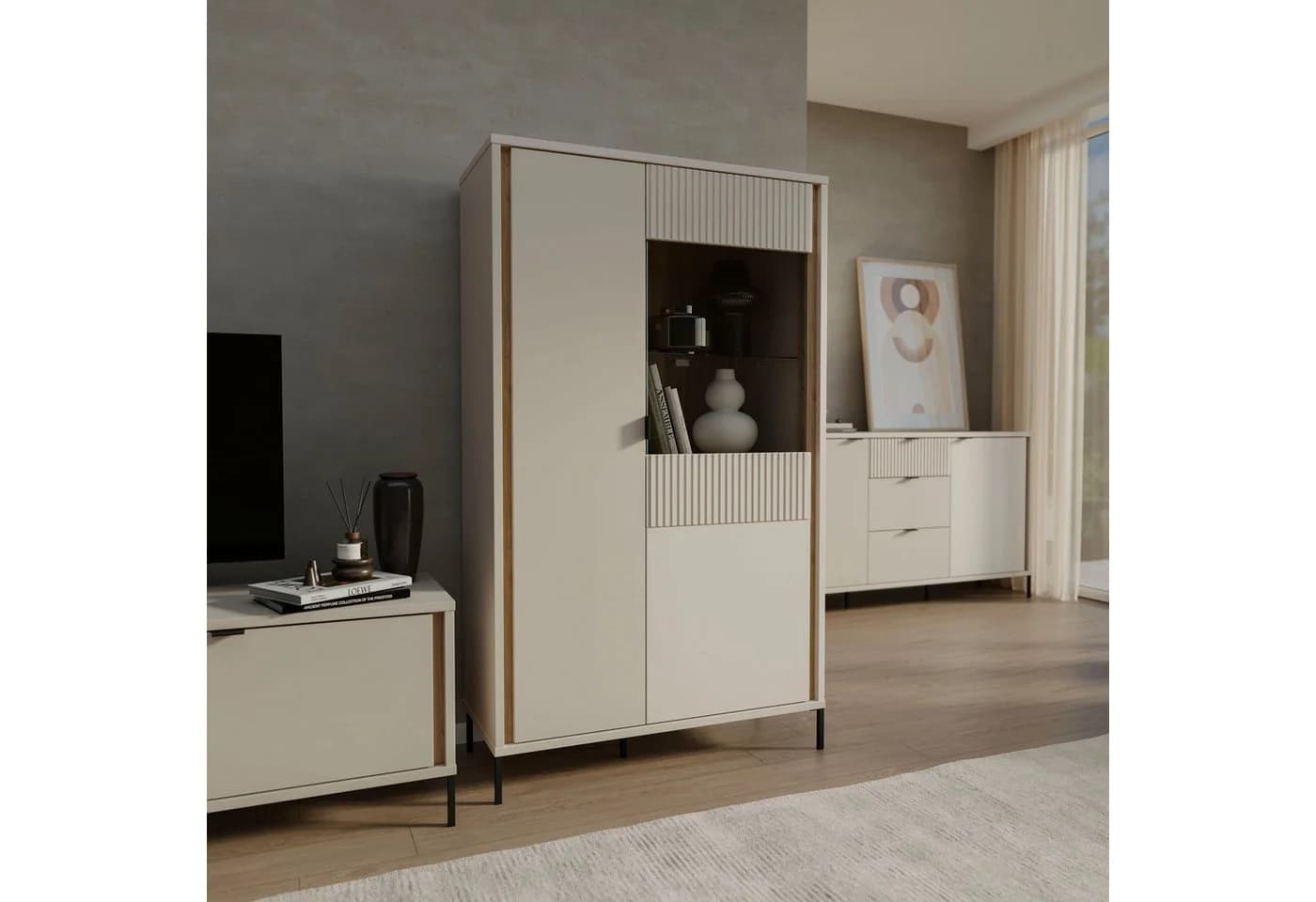 FORTE Seravel Highboard Beige/Mauvella Eiche mit Glastür & Soft-Close