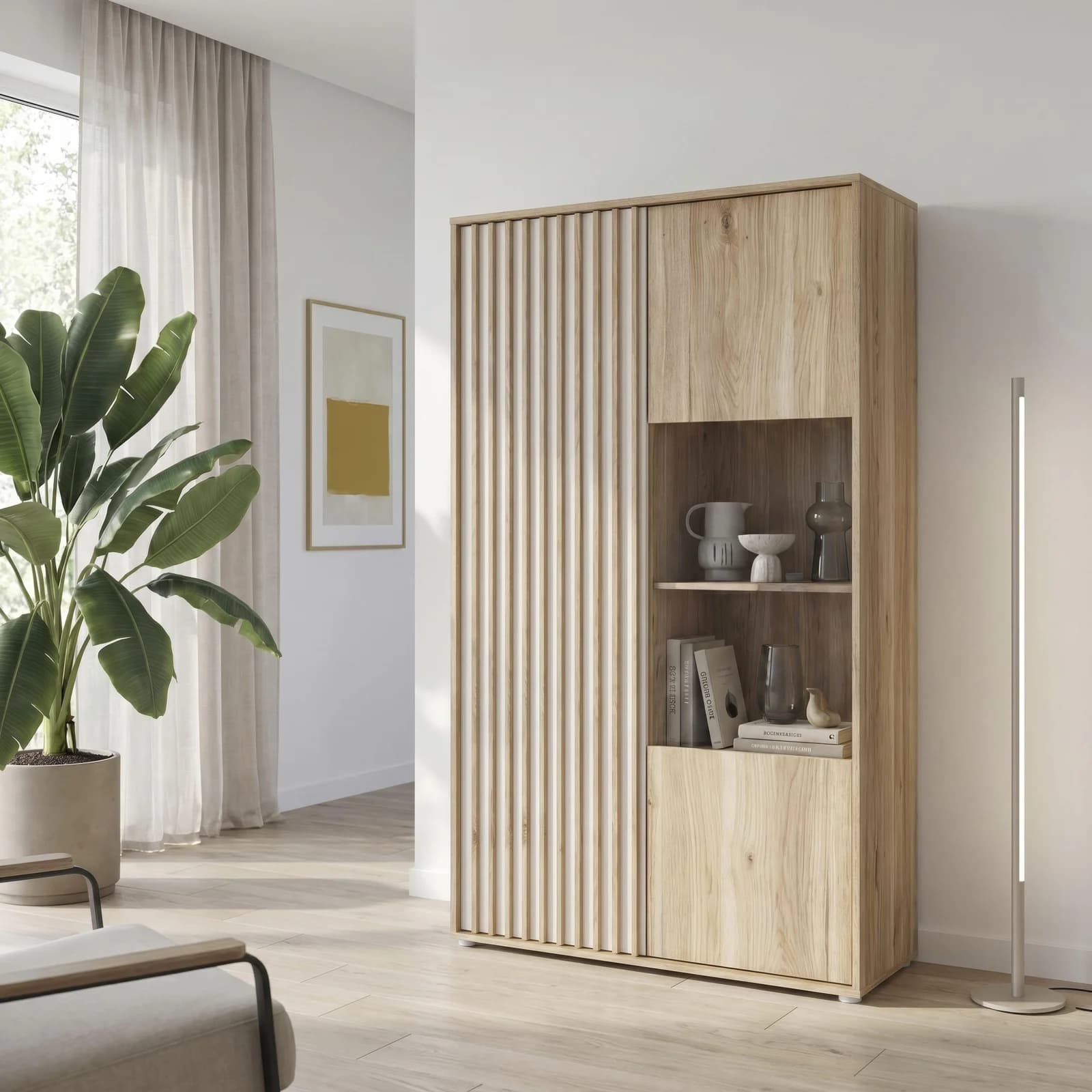 FORTE Arank Highboard Mauvella Eiche Kaschmir Beige mit Glastür