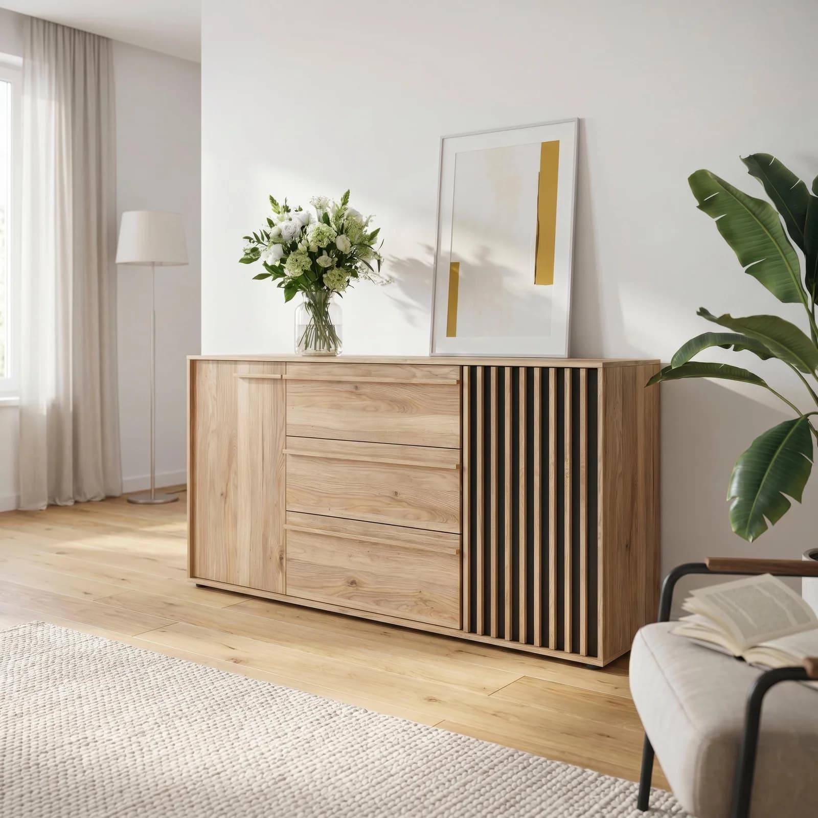 FORTE Arank Sideboard 162 cm Mauvella Eiche Schwarz Soft Close Vollauszug