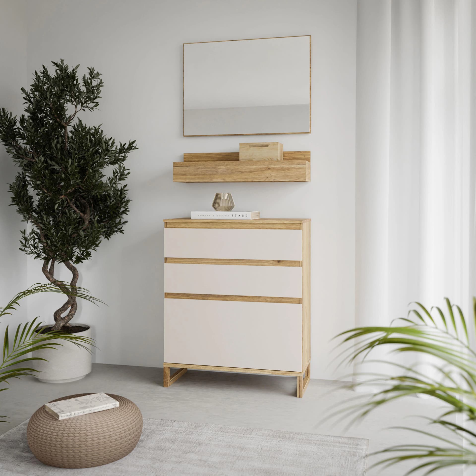 FORTE Garderoben-Set mit Spiegel, Regal und Kommode Beige Braun