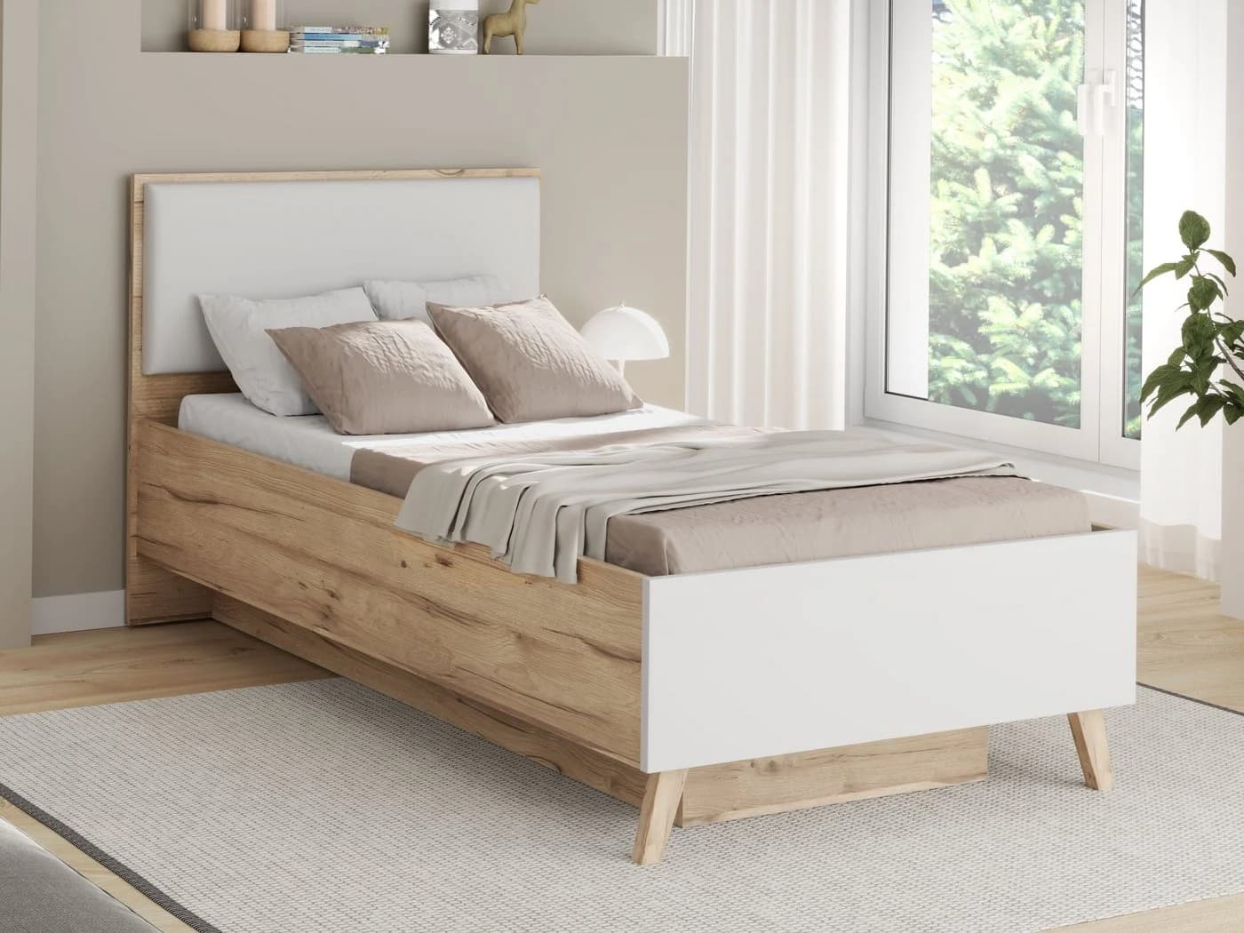 Stauraumbett FORTE Vankka Weiß Planked Eiche mit Lattenrost
