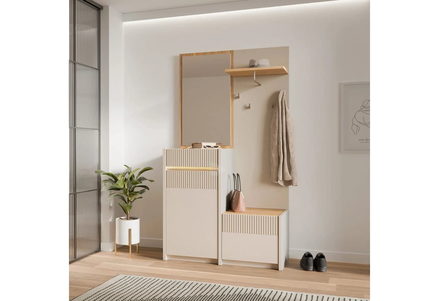 FORTE Kompaktgarderobe Oak Squere Beige Spanplatte Spiegel Haken Kleiderstange
