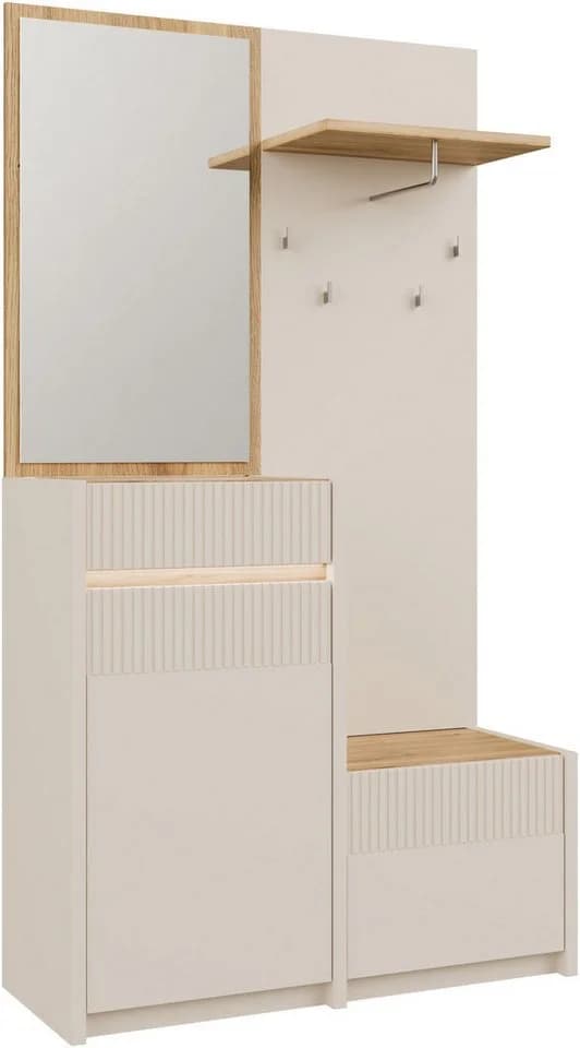 FORTE Kompaktgarderobe Oak Squere Beige Spanplatte Spiegel Haken Kleiderstange - Bild 2
