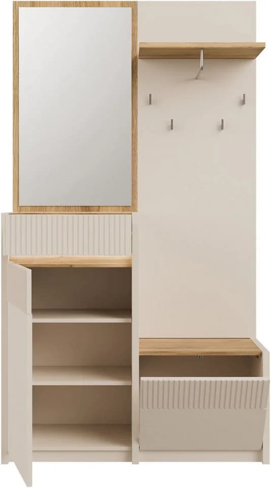 FORTE Kompaktgarderobe Oak Squere Beige Spanplatte Spiegel Haken Kleiderstange - Bild 4