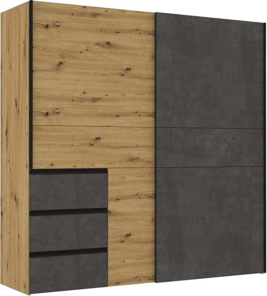 FORTE Schwebetürenschrank Winn 200cm mit 3 Schubladen Grau Braun