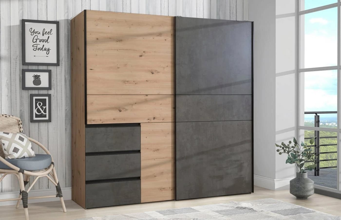 FORTE Schwebetürenschrank Winn 200cm mit 3 Schubladen Grau Braun - Bild 2