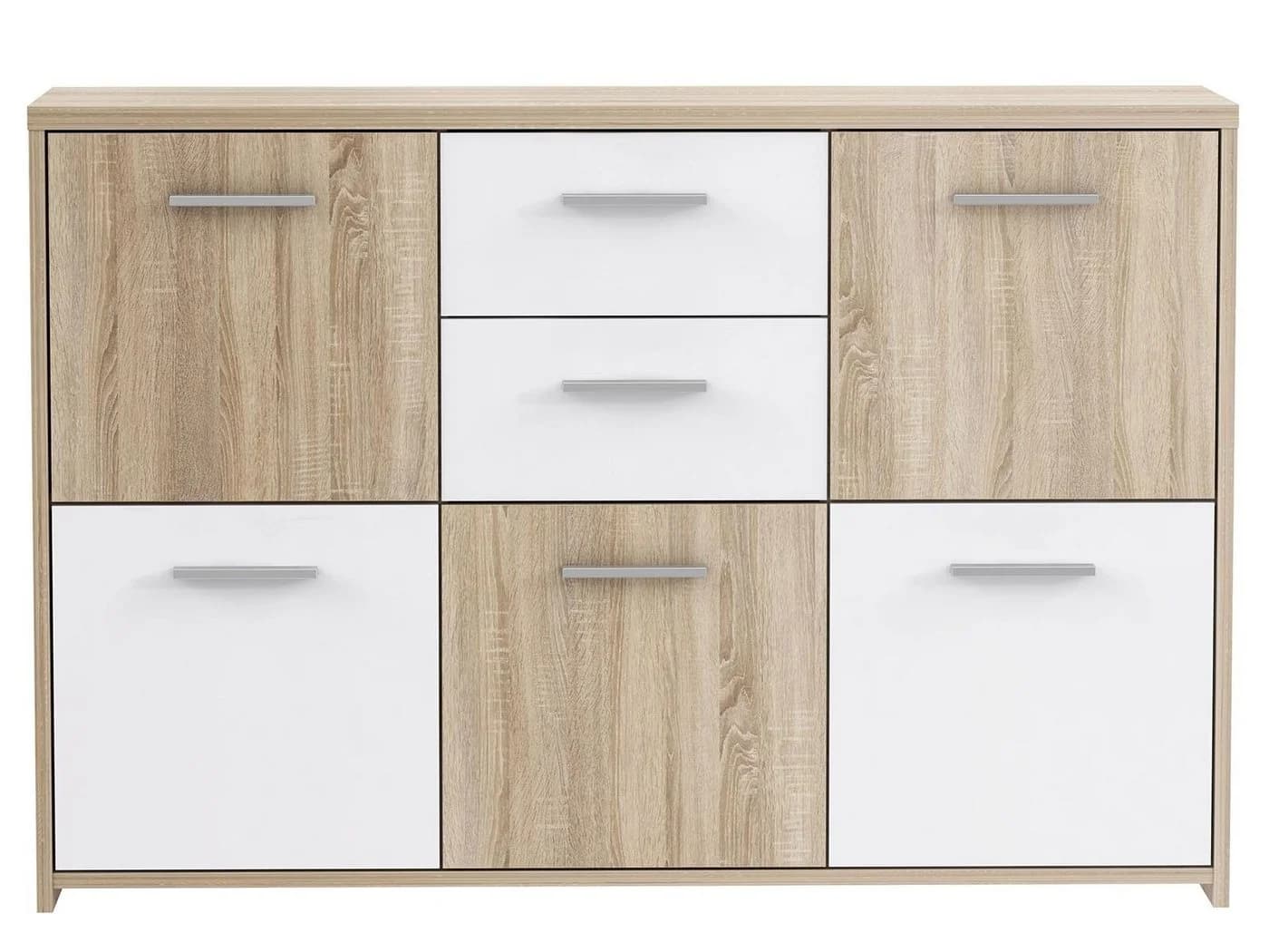 FORTE Sideboard Quadro 5 Türen 2 Schubladen Sonoma-Eiche Weiß