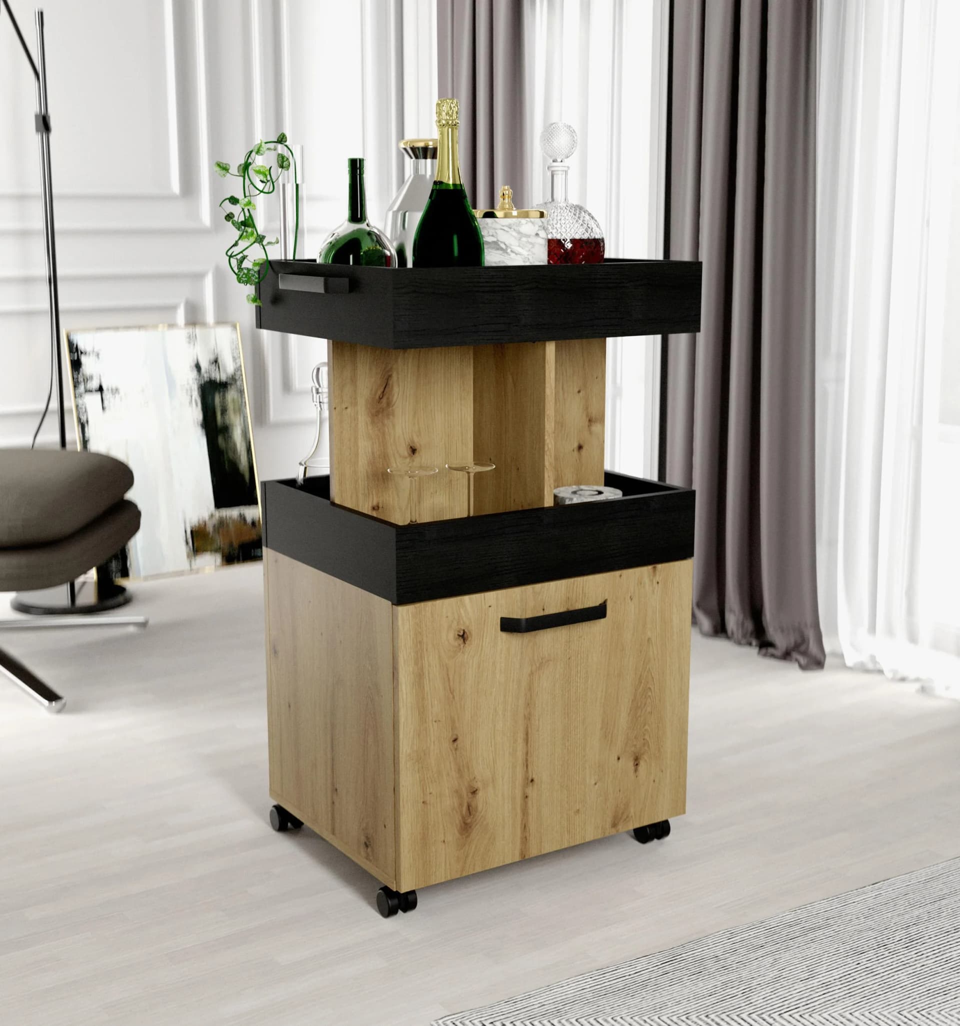 FORTE Barschrank Homebar Schwarz Eiche Holzoptik