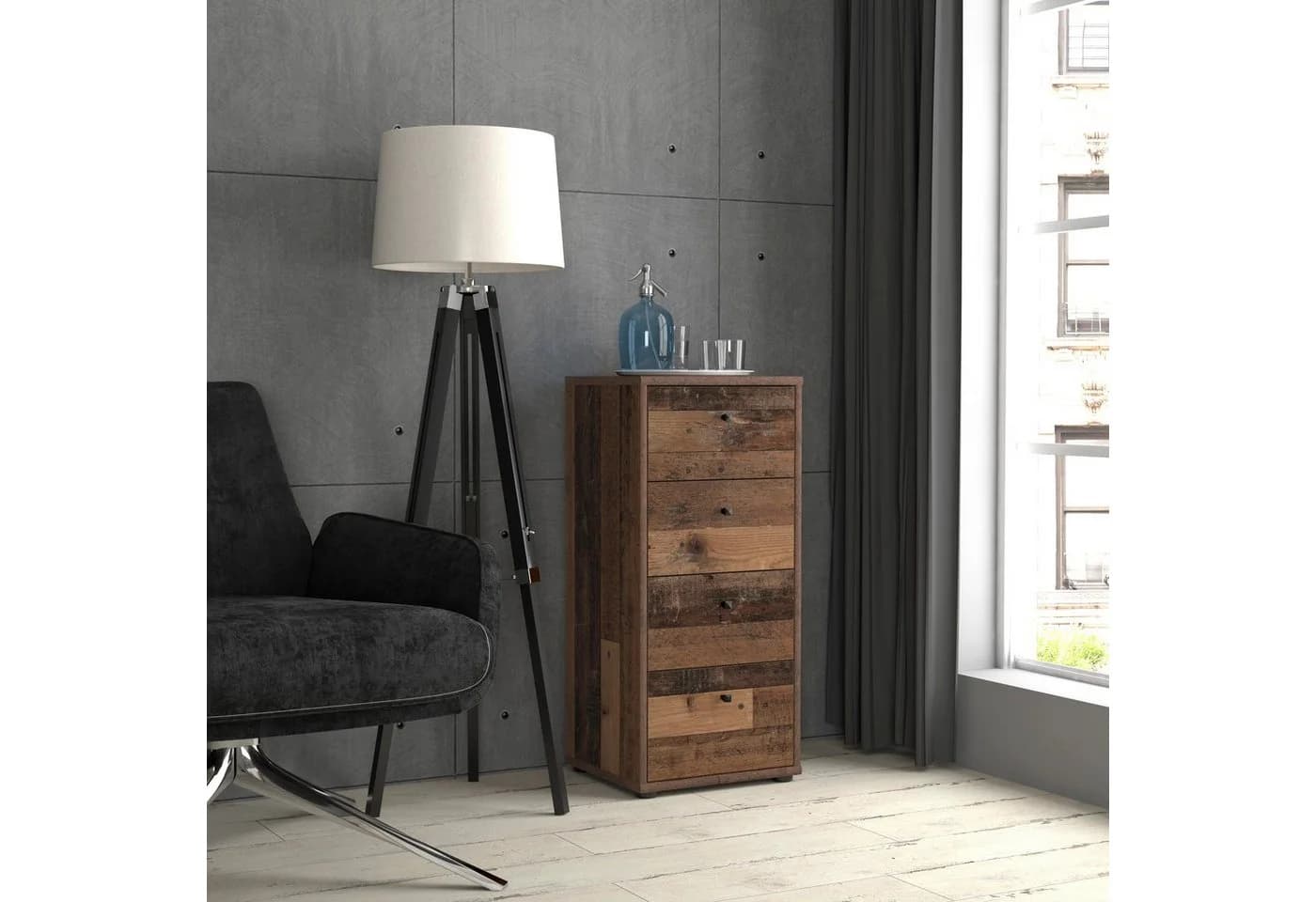 FORTE Kommode Tempra 4 Schubladen Old-Wood Vintage Braun