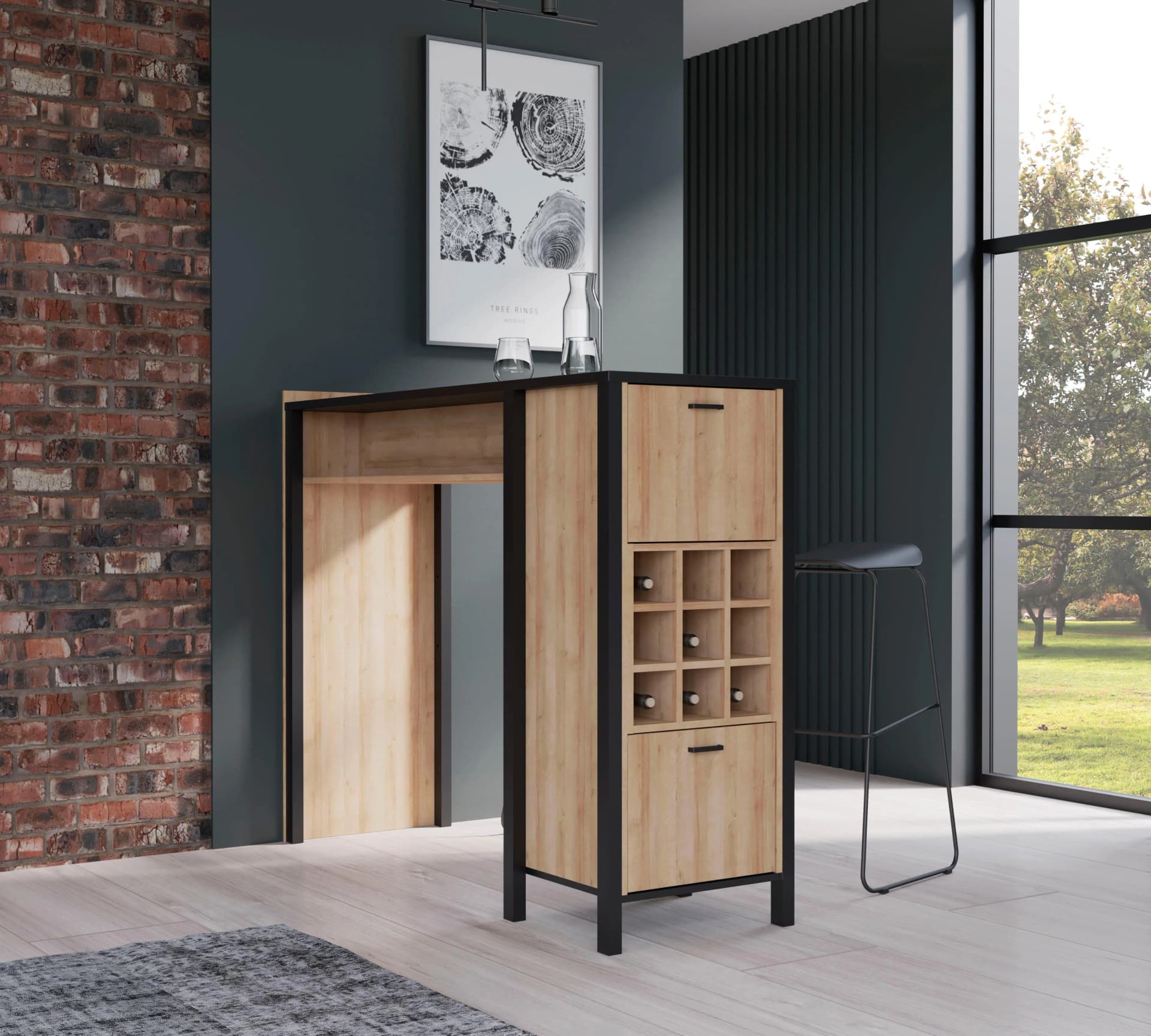 FORTE Barschrank High Rock Schwarz Riviera Eiche