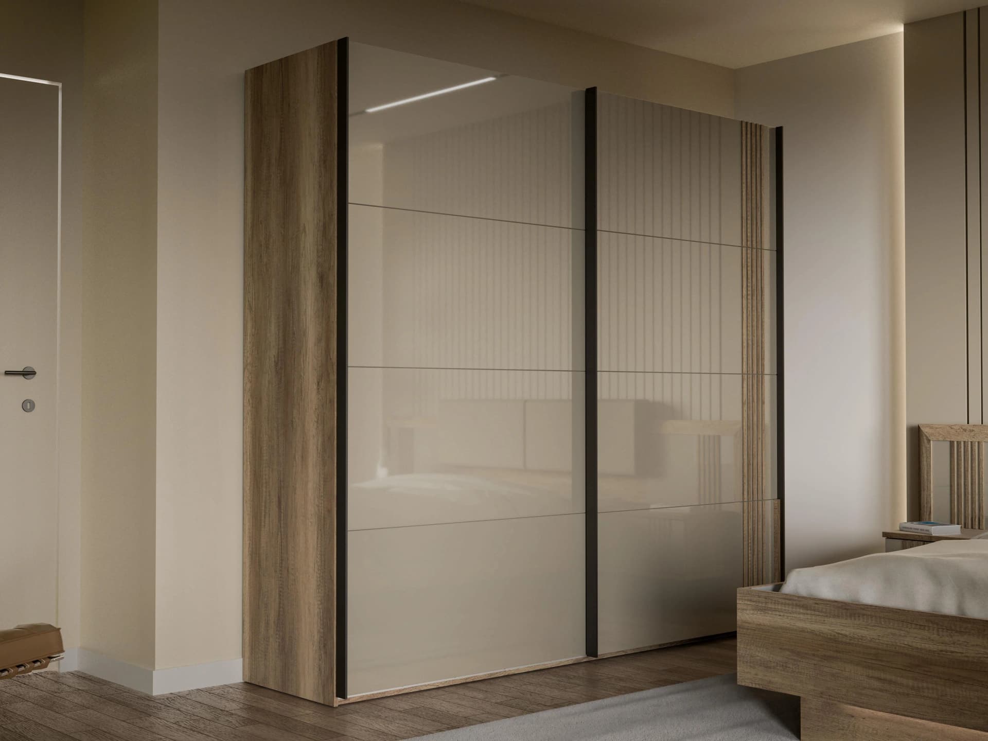FORTE Schwebetürenschrank Eiche Antik Beige Glanz Hochglanz