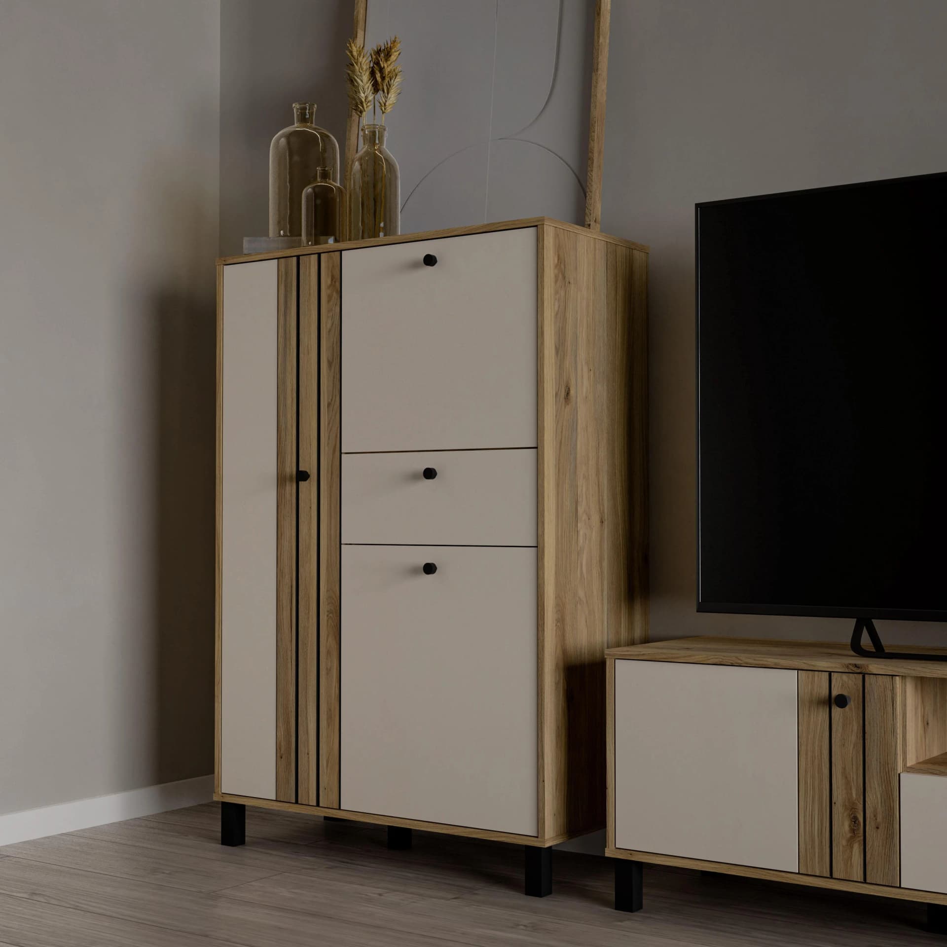 Highboard FORTE Killarney Beige Braun Soft Close Stauraum