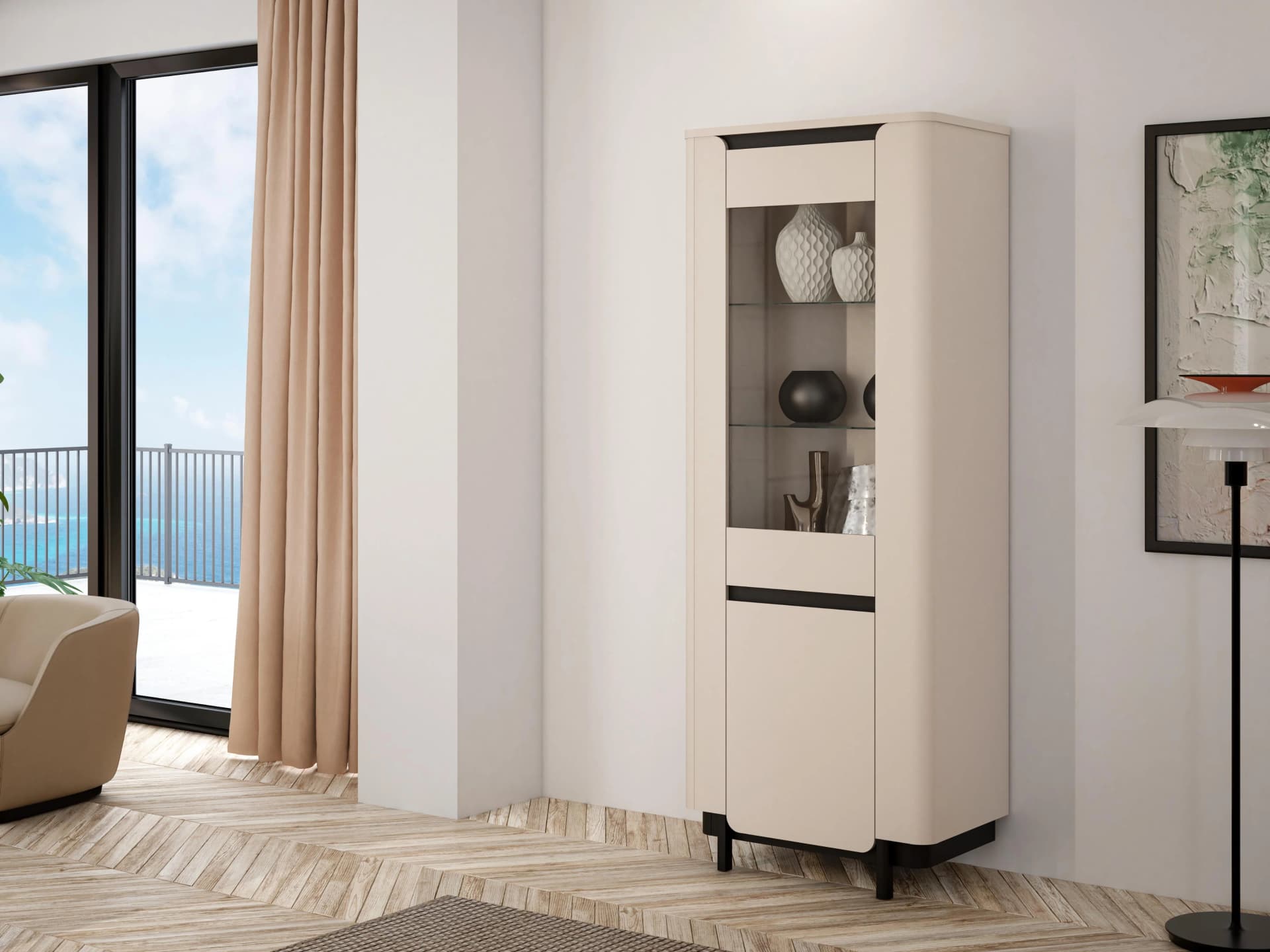 FORTE Vitrine Vodol Beige/Schwarz mit Soft-Close-Funktion