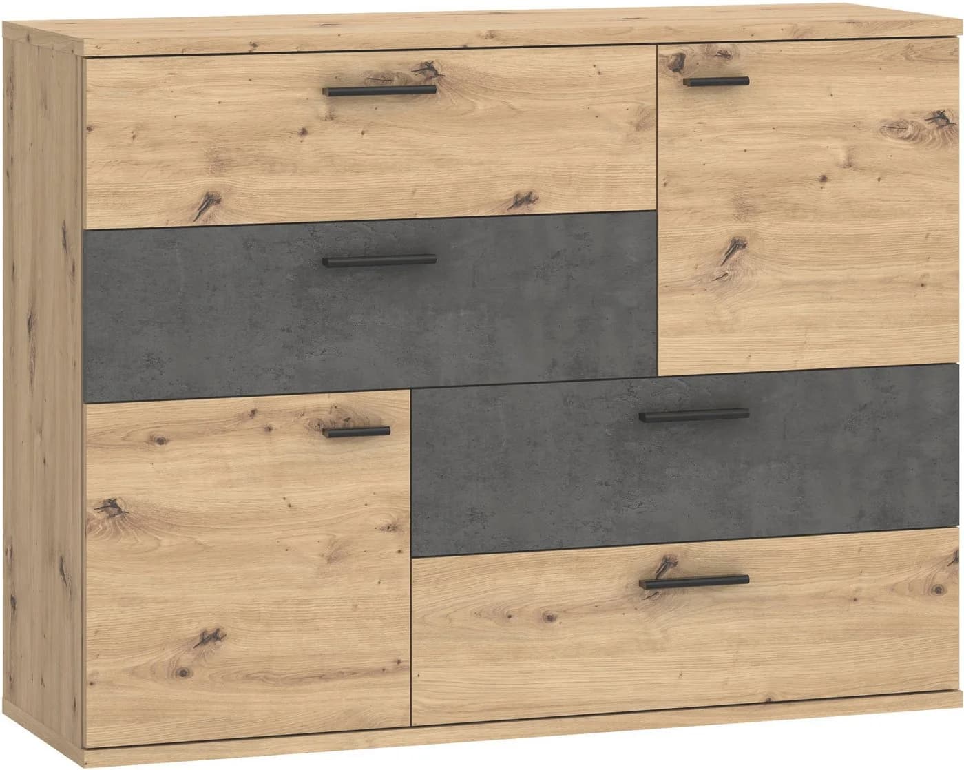 Kommode FORTE Skive Grau Artisan Eiche Betonoptik 4 Schubladen 2 Türen