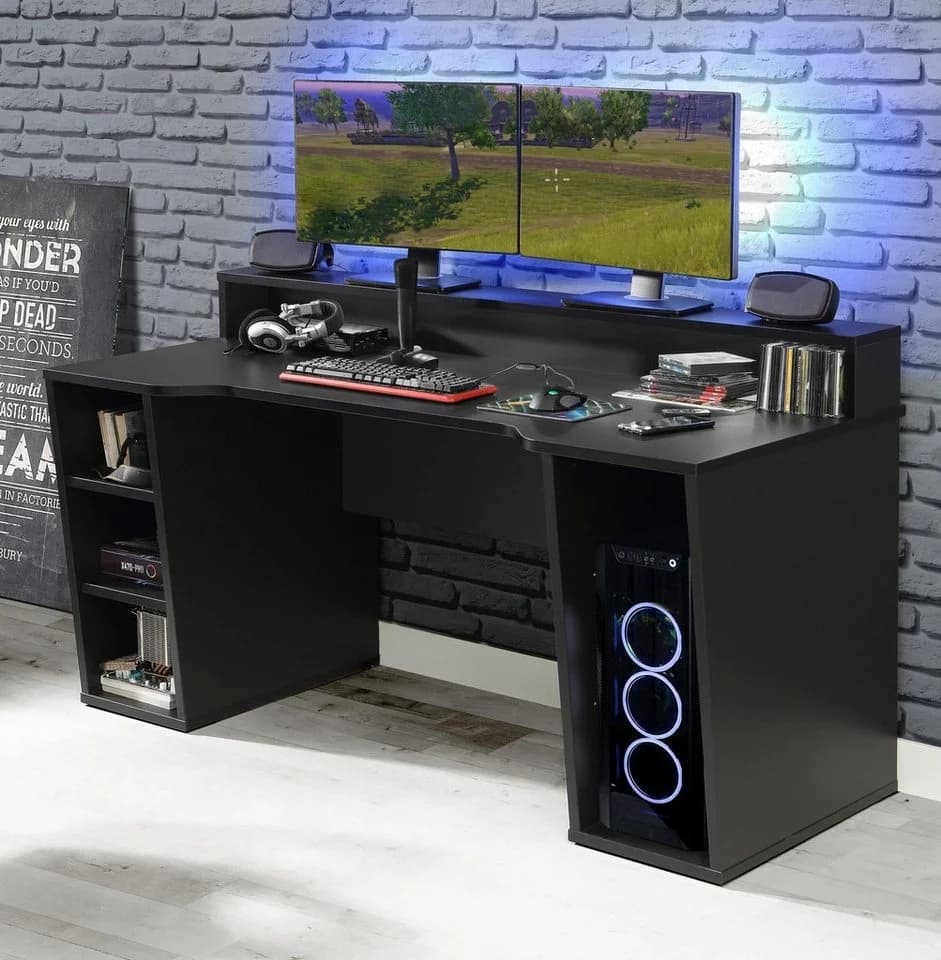 Mid.you Gamingtisch Schwarz mit Monitoraufsatz und Kabelmanagement