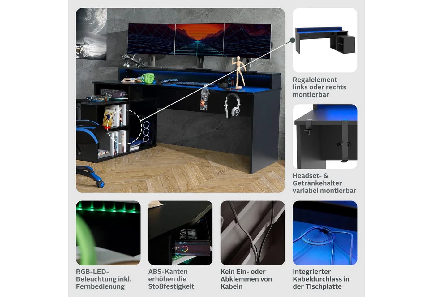 FORTE Gamingtisch Tezaur Schwarz mit RGB-Beleuchtung - Bild 3
