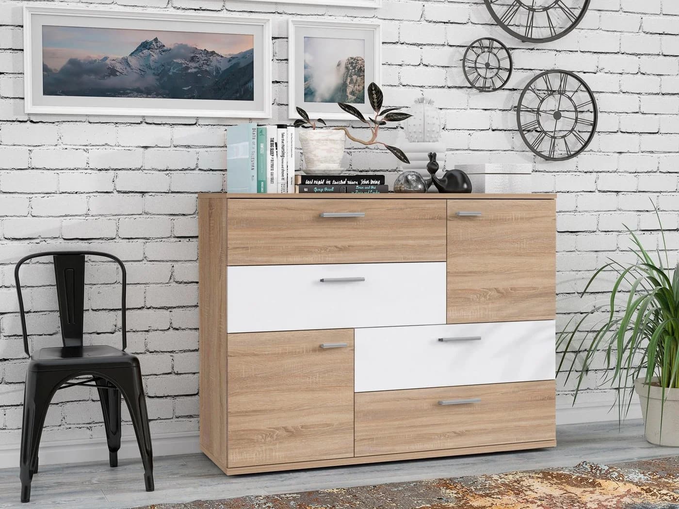 FORTE Kommode Skive 4 Schubladen 2 Türen Weiß Sonoma Eiche Modern - Bild 2