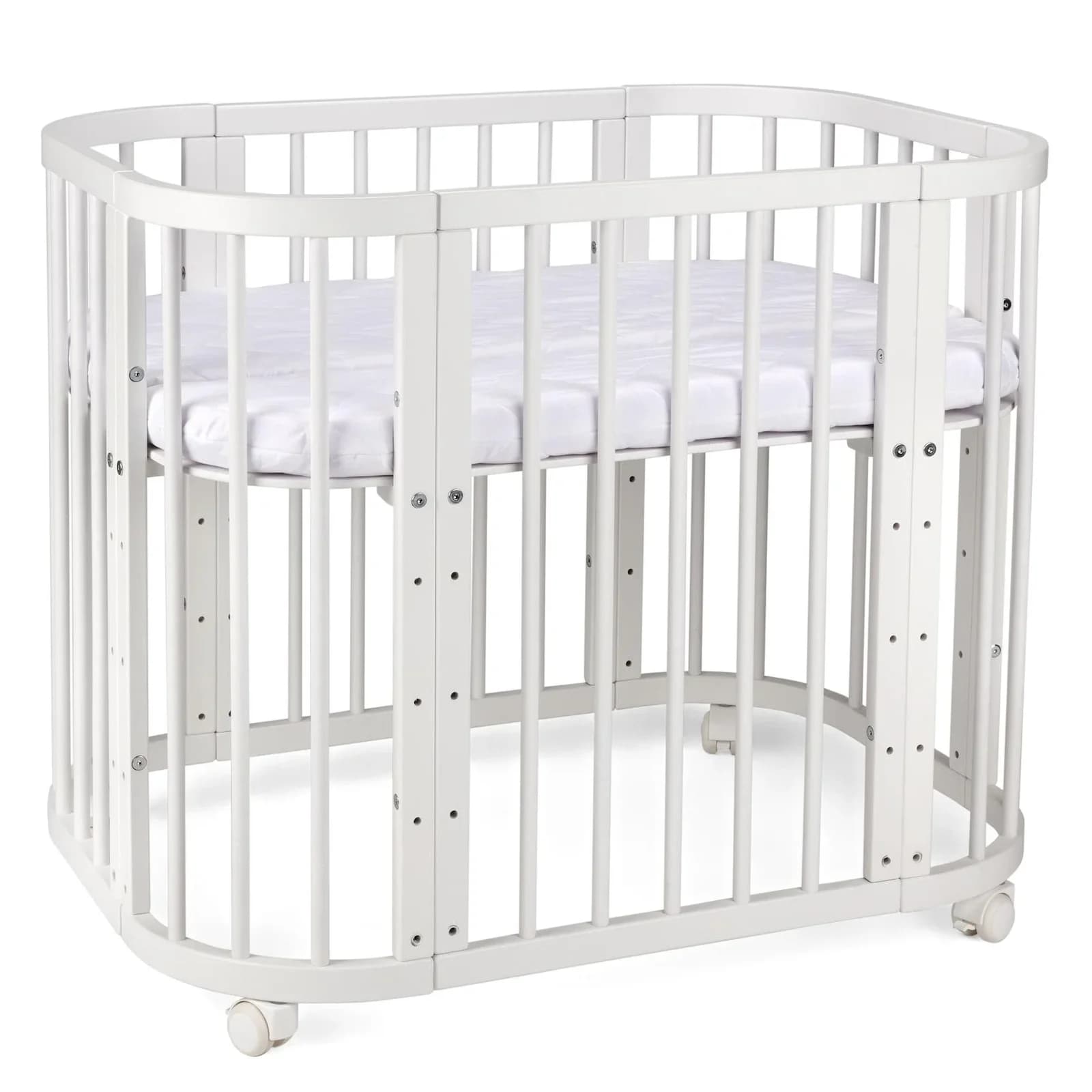 Waldin 5-in-1 Babybett aus Buchenholz mit Matratze Weiß