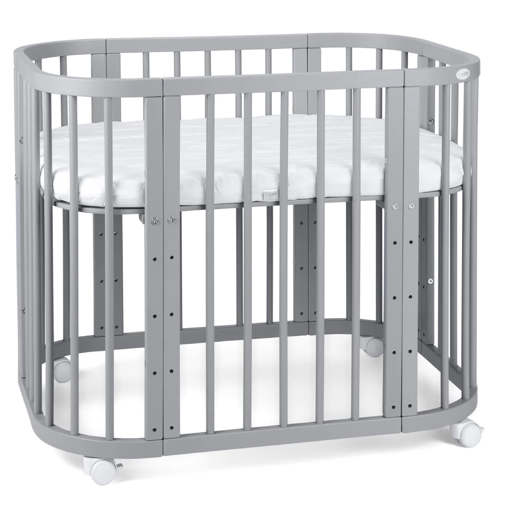 Waldin 5-in-1 Babybett aus Buchenholz mit Matratze grau