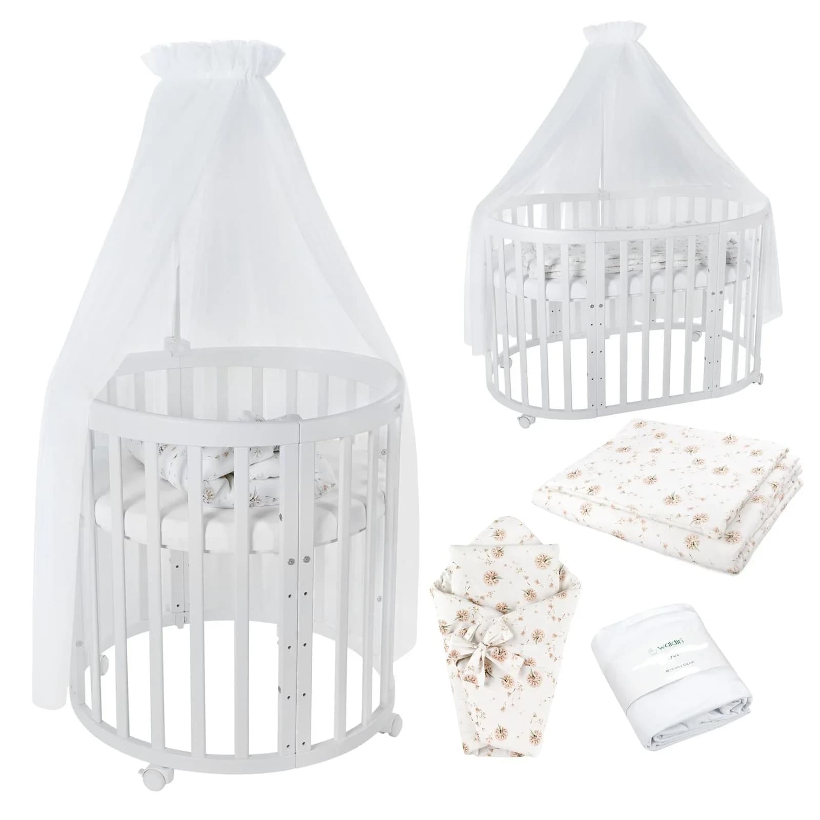 Waldin Babybett OWAL 7-in-1 Kinderbett mit Matratze Buche