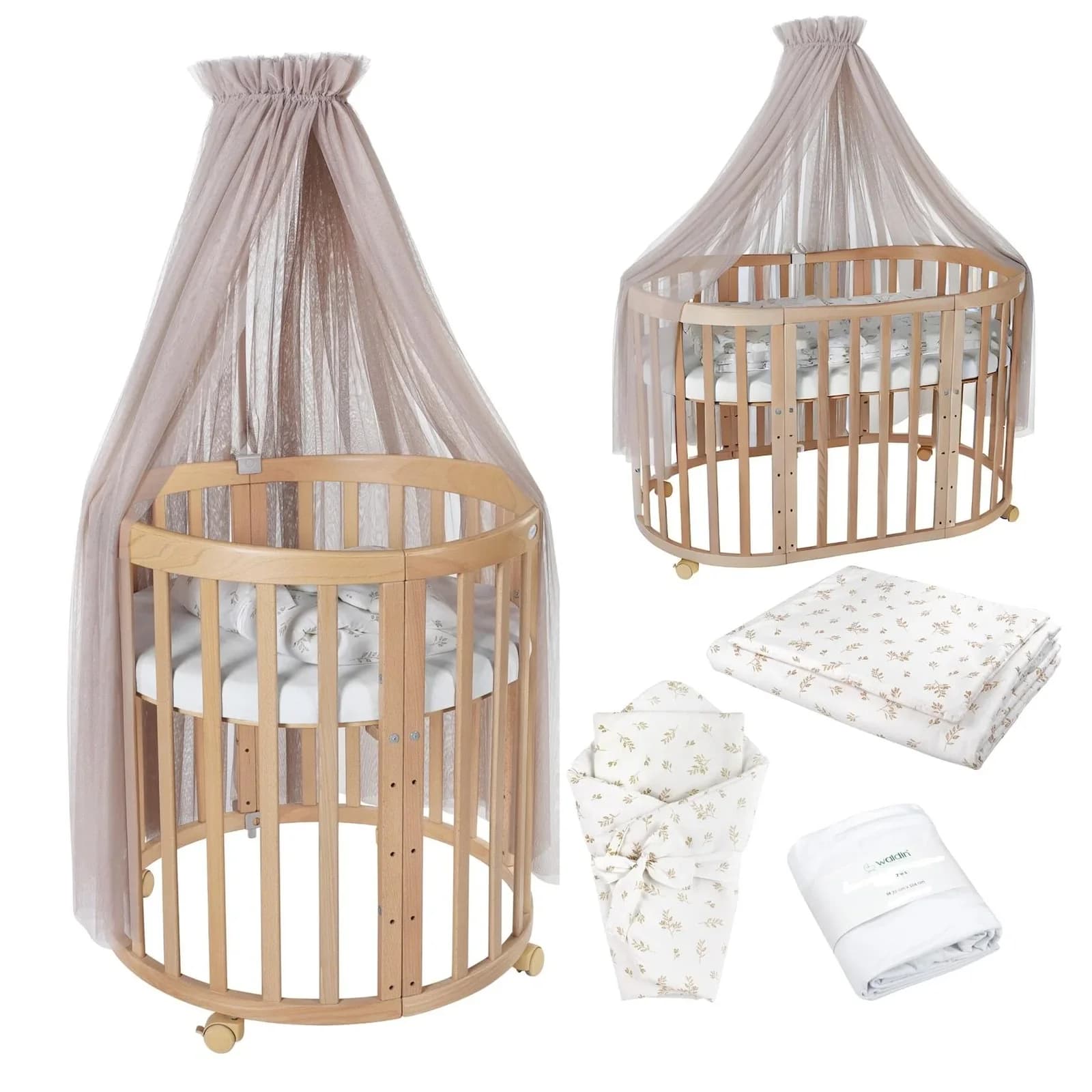 Waldin Babybett OWAL 7-in-1 Kinderbett mit Matratze Buche