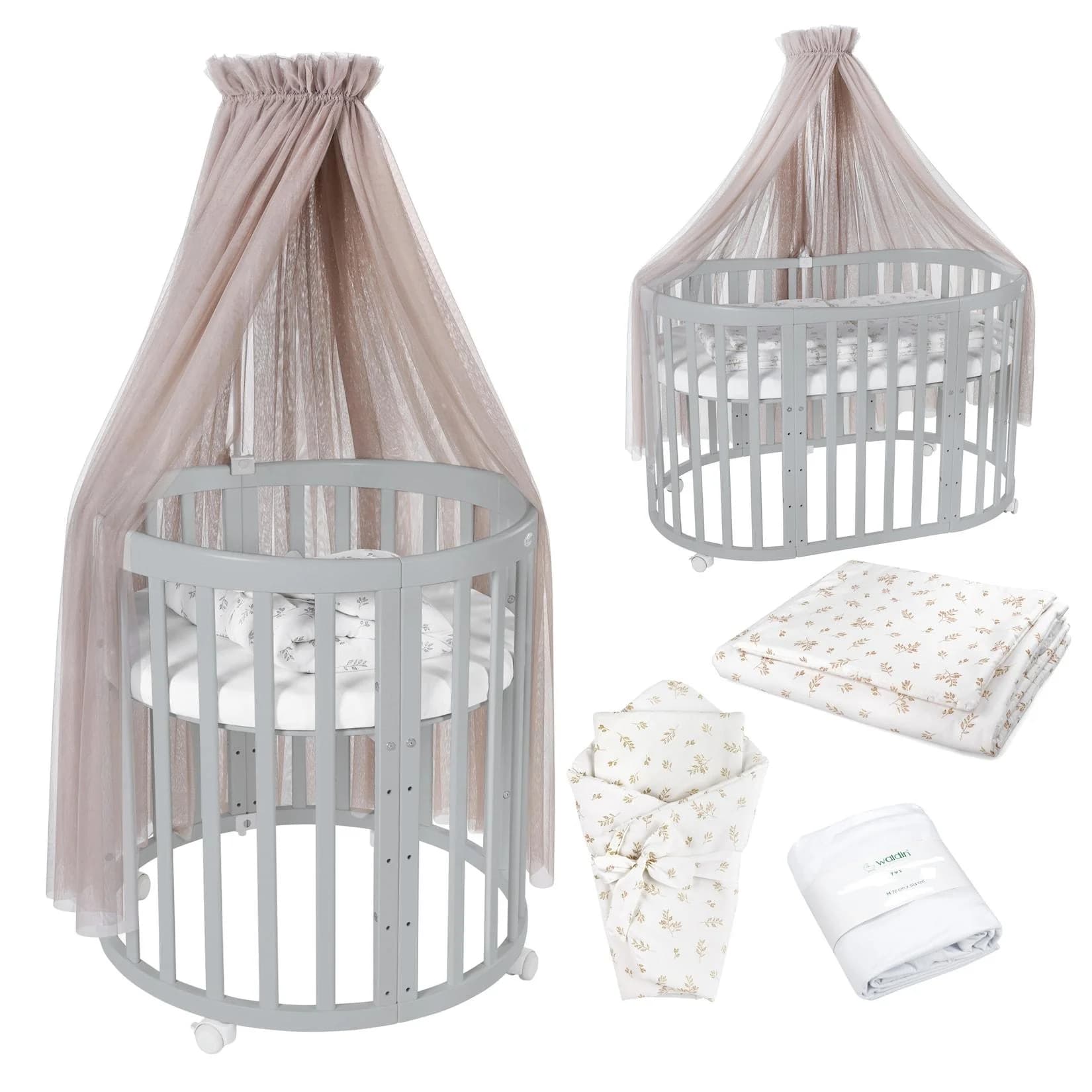 Waldin Babybett OWAL 7in1 mit Matratze - Mitwachsendes Kinderbett Buche