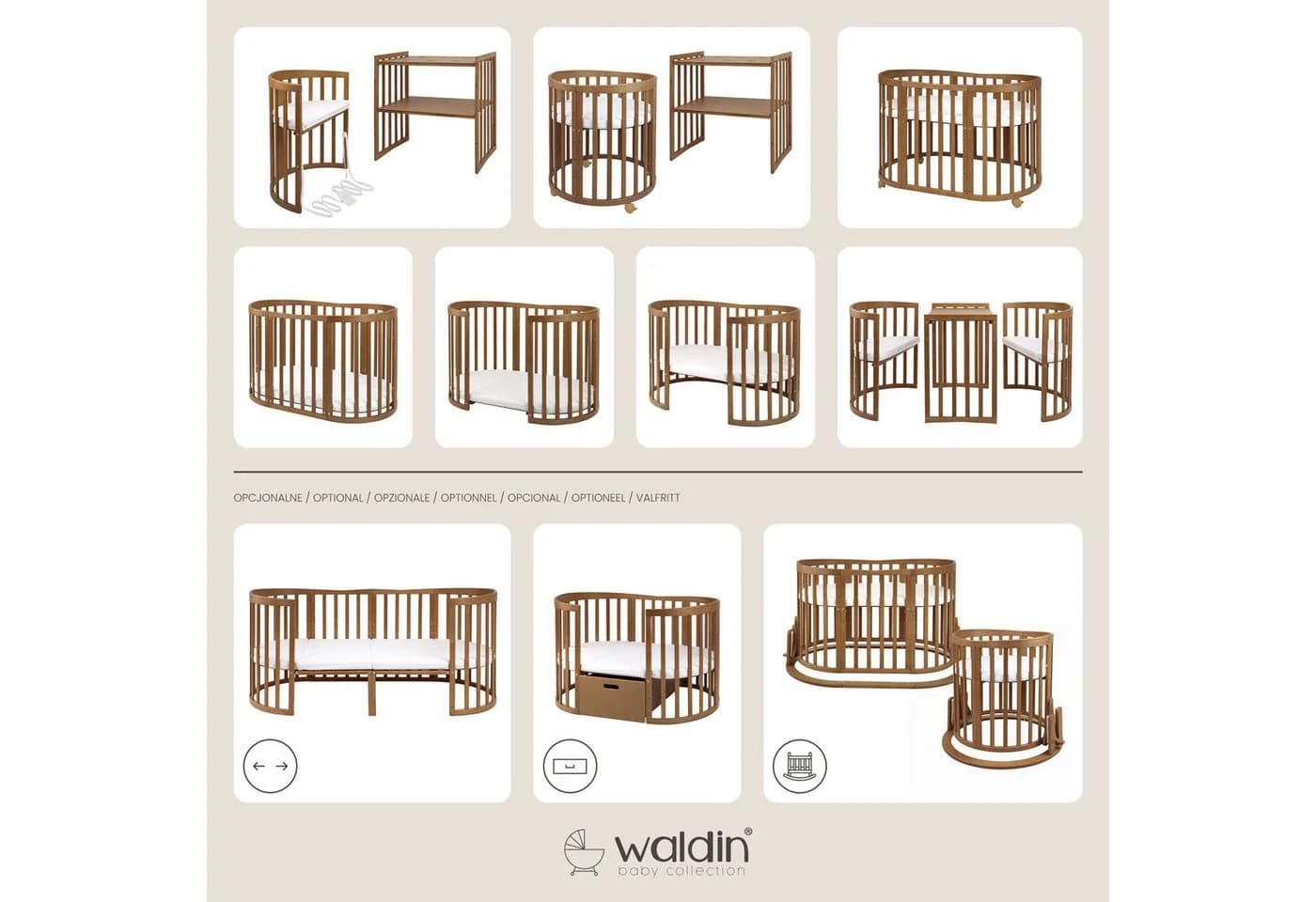 Waldin Babybett OWAL aus Holz 7in1 mit Matratze, mitwachsend - Bild 2