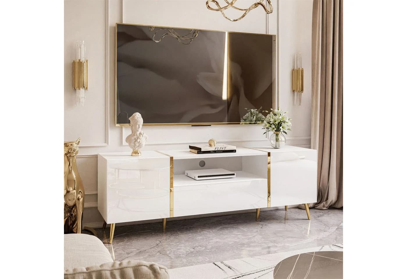 Lookway Lowboard ONYX TV-Schrank Weiß Hochglanz Gold