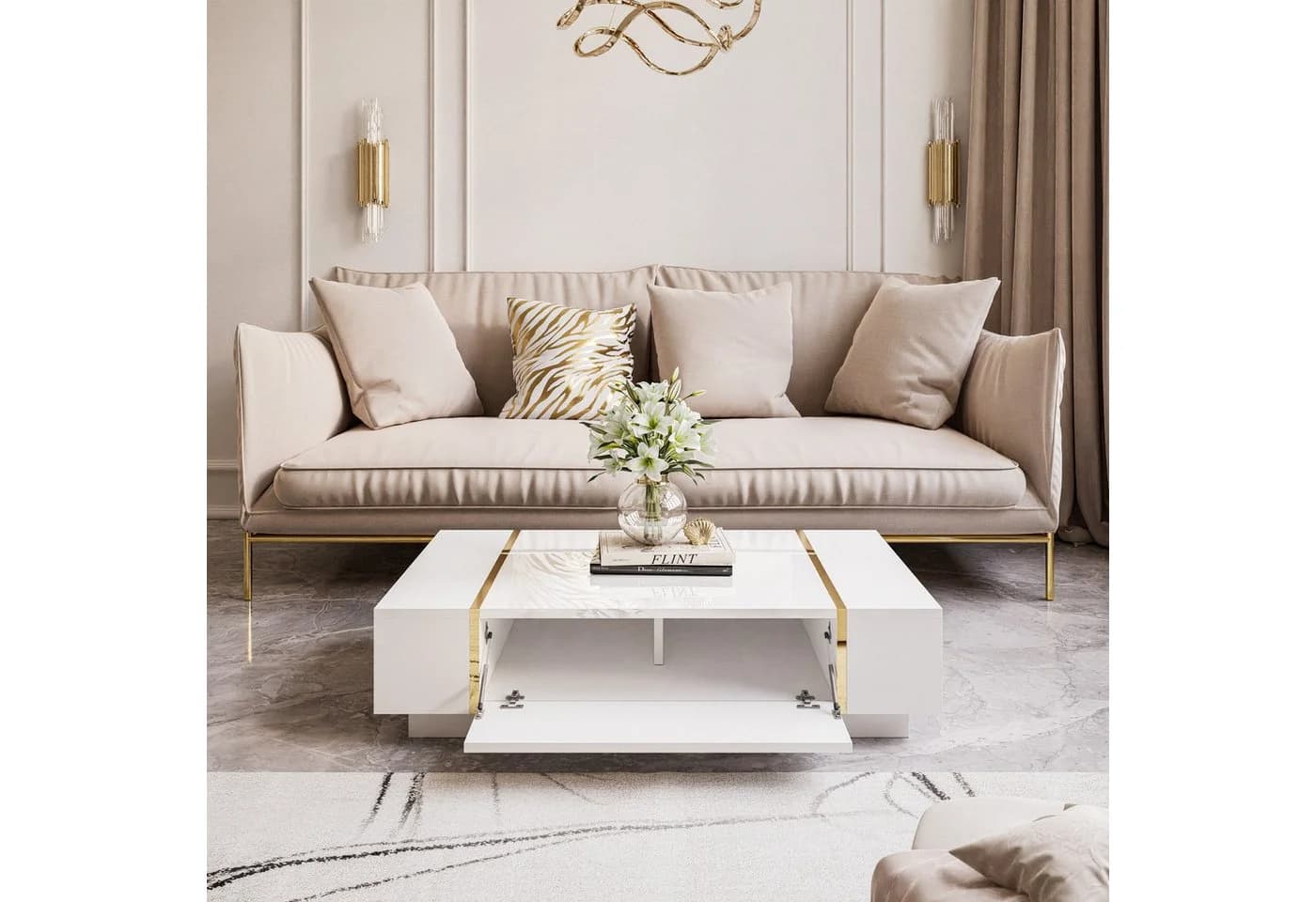 Lookway Couchtisch ONYX Hochglanz Weiß mit Staufach - Bild 3