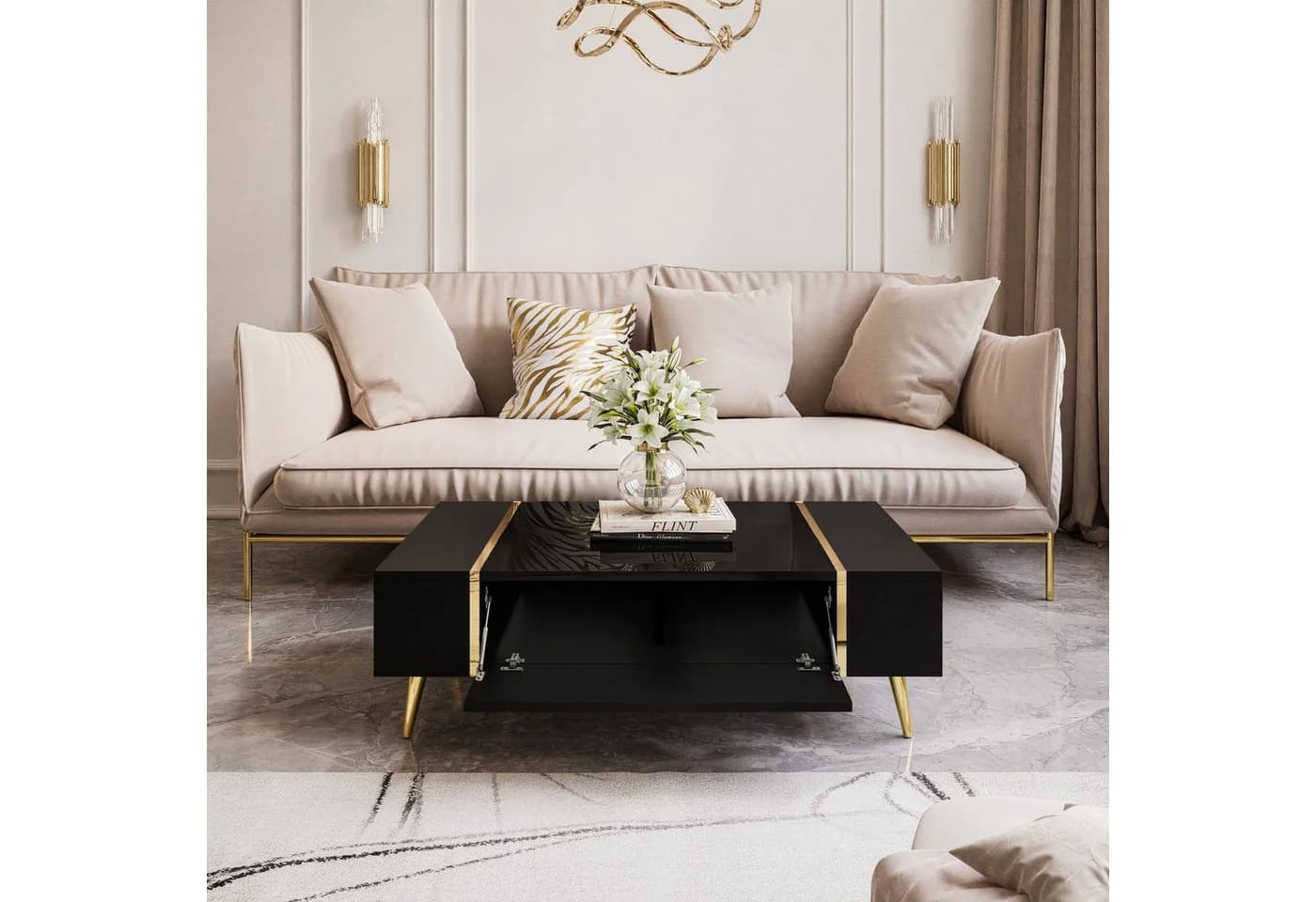 Lookway Couchtisch ONYX Schwarz Hochglanz mit goldenen Beinen - Bild 3